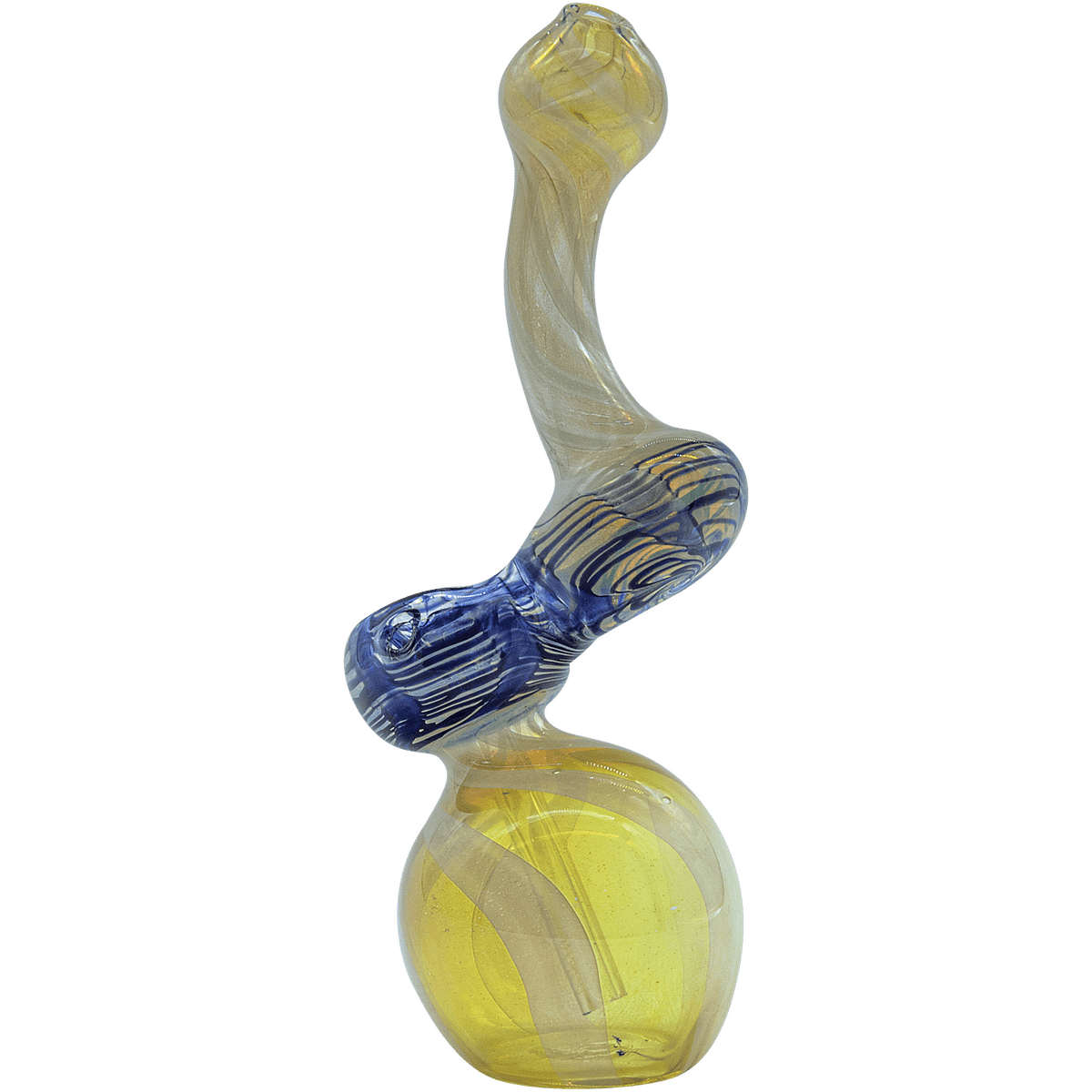Front view of the “Rake Bubb” Fumed Sherlock Bubbler Pipe, showcasing its curved form and light-diffusing fume finish.