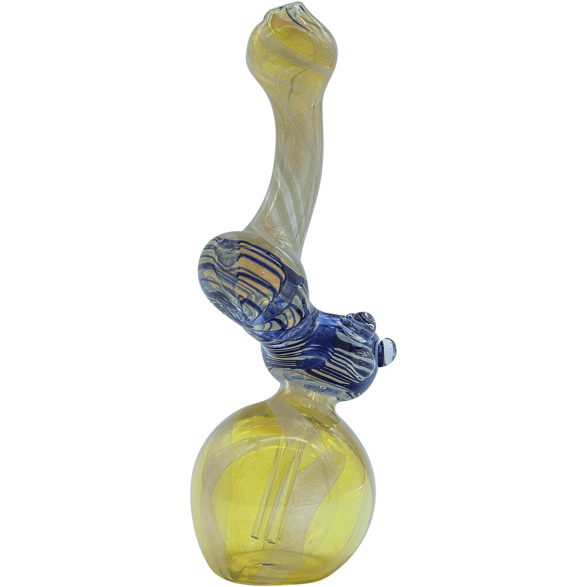 A slightly angled view of “The Rake Bubb” Fumed Sherlock Bubbler Pipe, showcasing its clear glass construction and smooth curves.