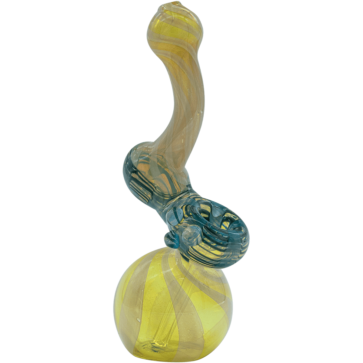 A side view of the “Rake Bubb” Fumed Sherlock Bubbler Pipe with a curved neck and fumed glass finish.