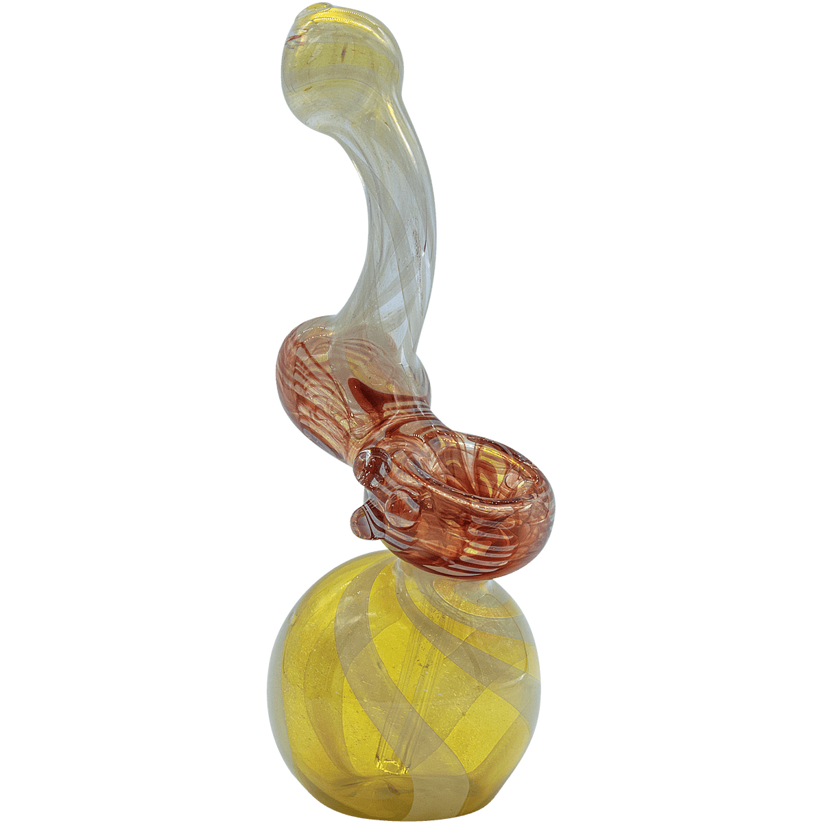 A close-up view of the “Rake Bubb” Fumed Sherlock Bubbler Pipe, featuring a swirling fumed glass design and unique curved shape.