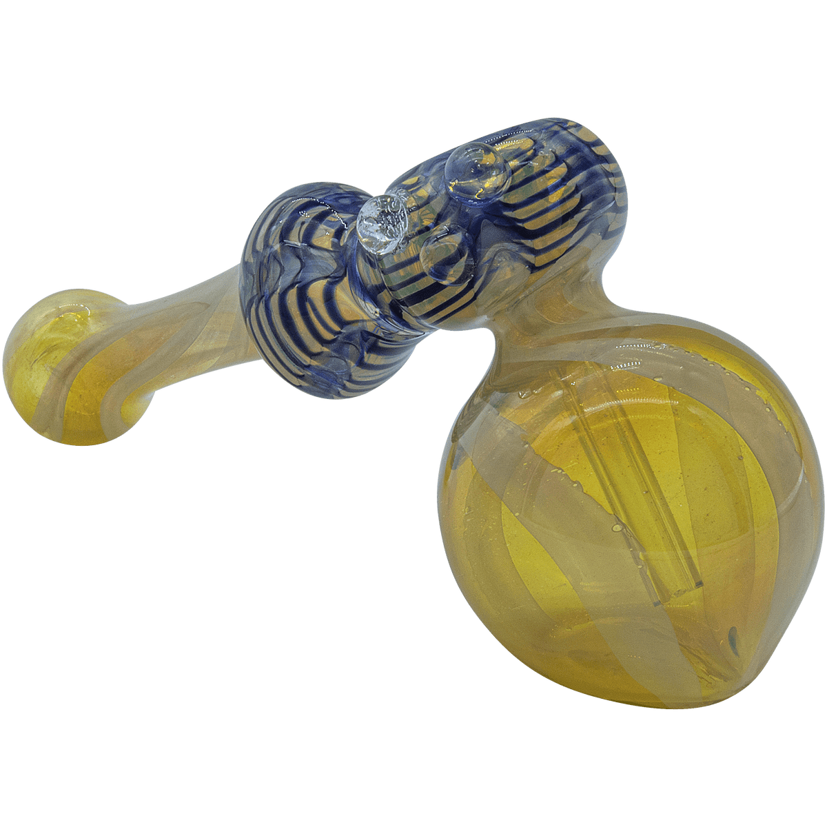 A three-quarter view of “The Raked Hammer” Fumed Hammer Bubbler Pipe, showing its blue and clear glass construction.