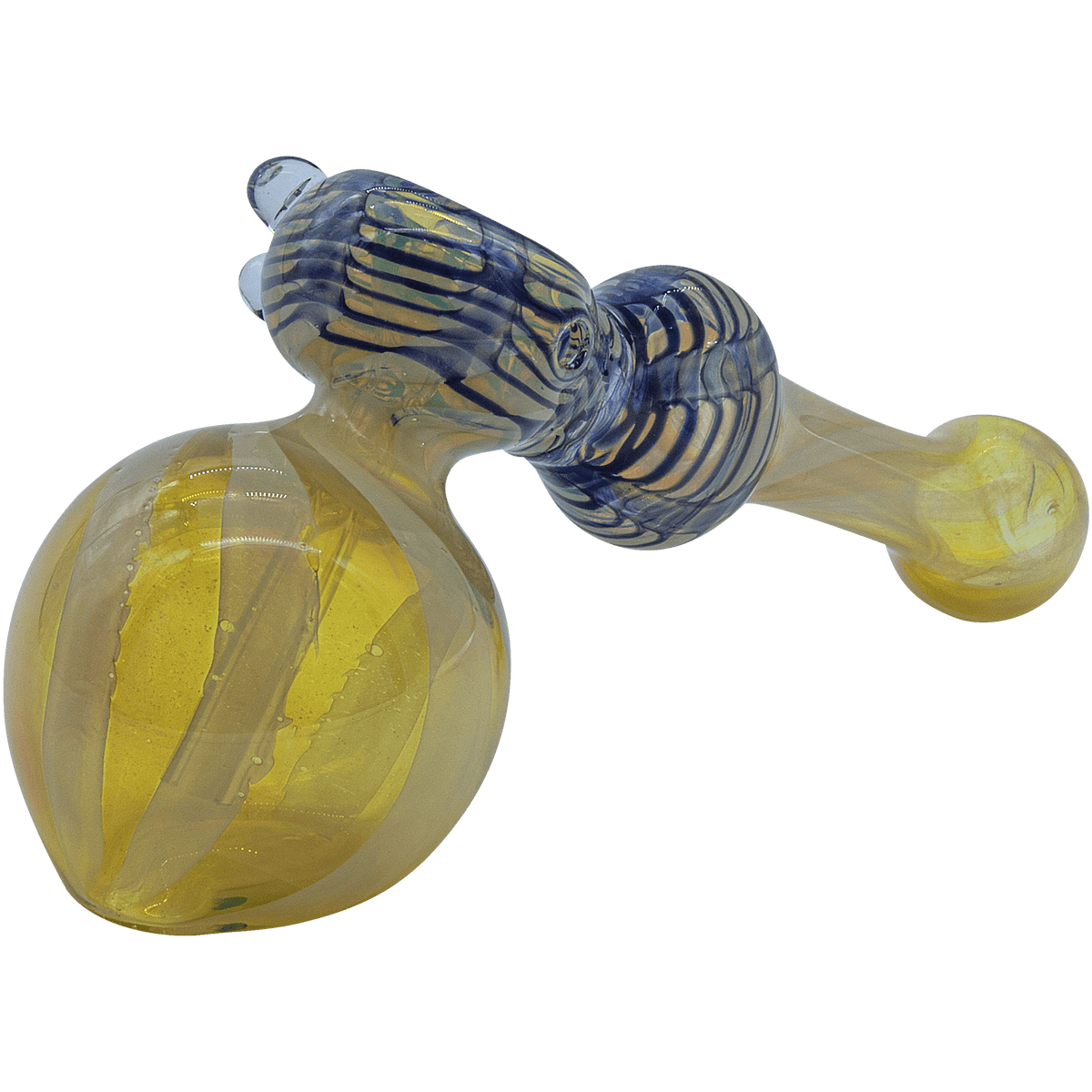 A three-quarter view of the “Raked Hammer” Fumed Hammer Bubbler Pipe, showing a glass pipe with a swirling blue and clear design.