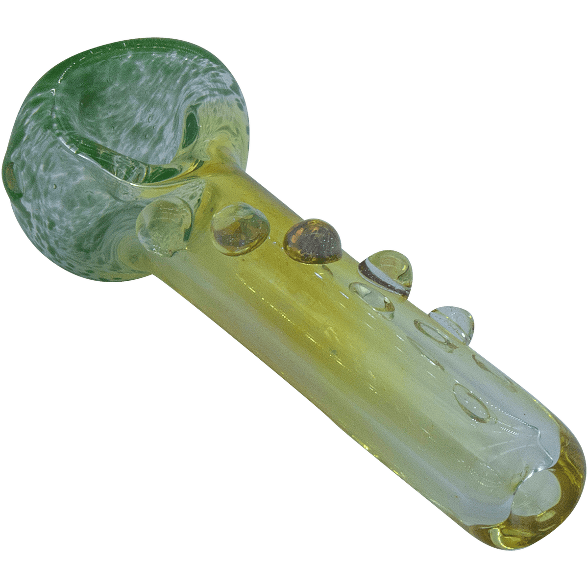 A studio shot of the “Razorback” Silver Fumed Mini Spoon, showing the curved glass pipe from a slightly elevated angle.