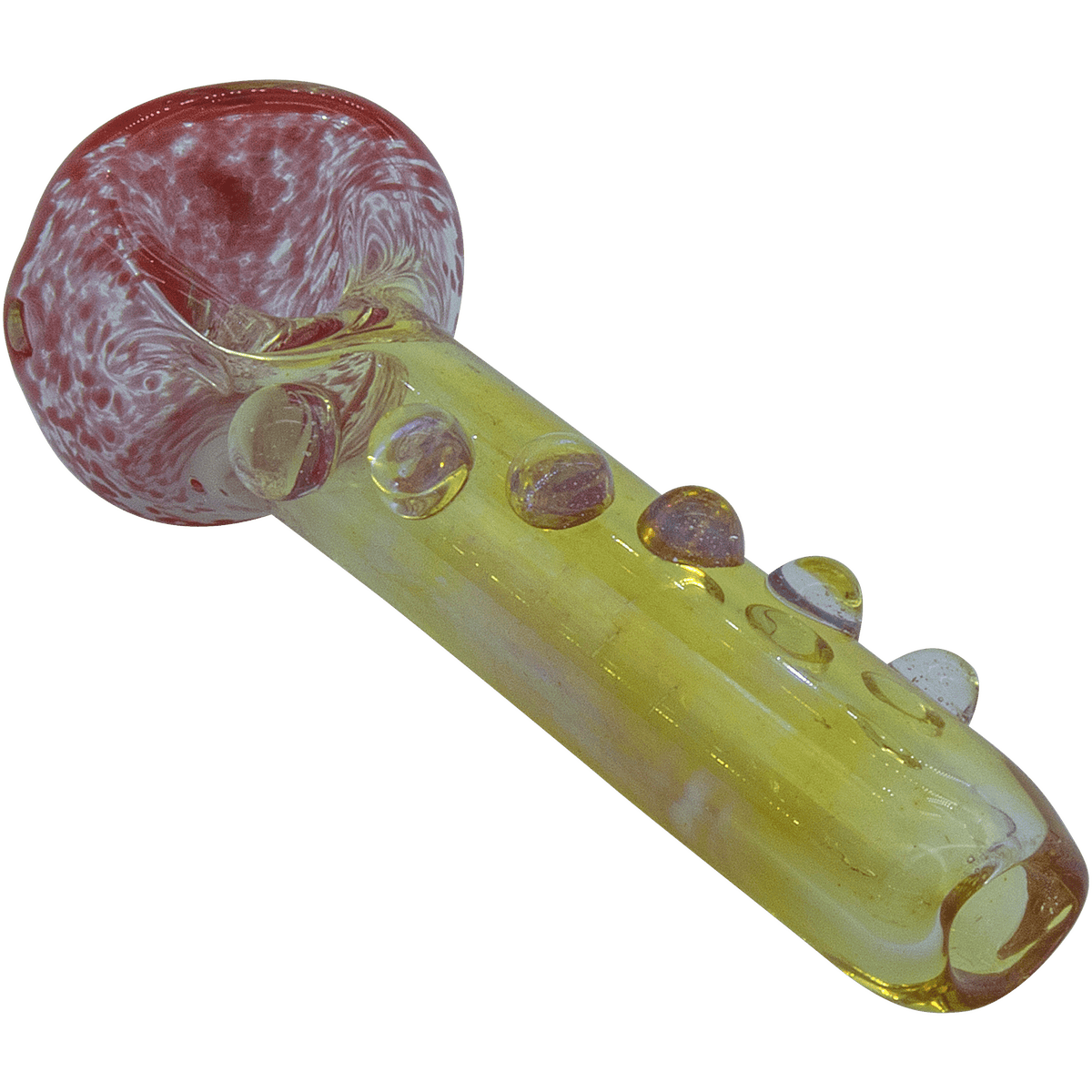 A side view of the “Razorback” Silver Fumed Mini Spoon shows the glass pipe's silver fume detailing and curved design.