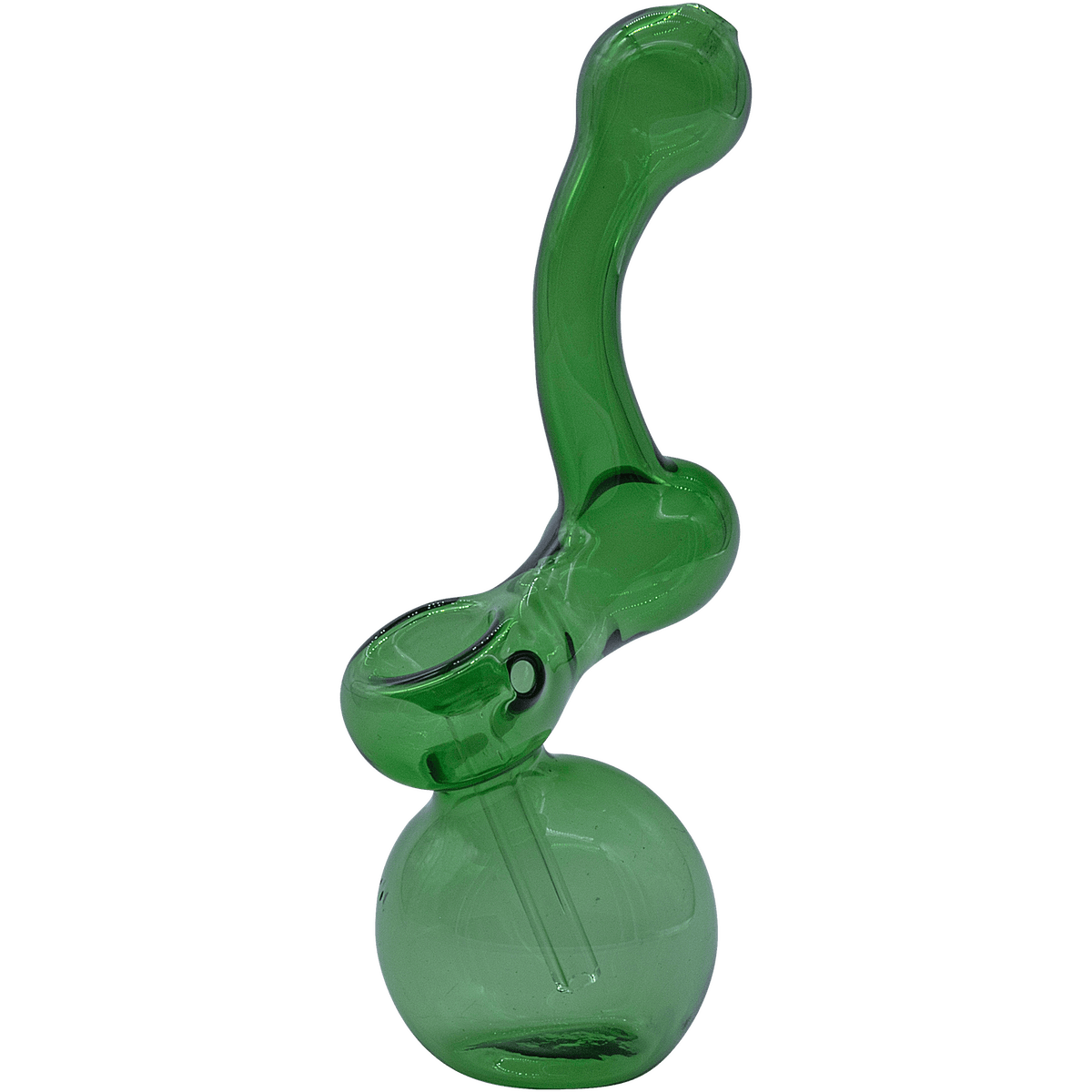 A front view of the "Sherbub" Glass Sherlock Bubbler Pipe, showcasing its curved neck and clear glass construction.