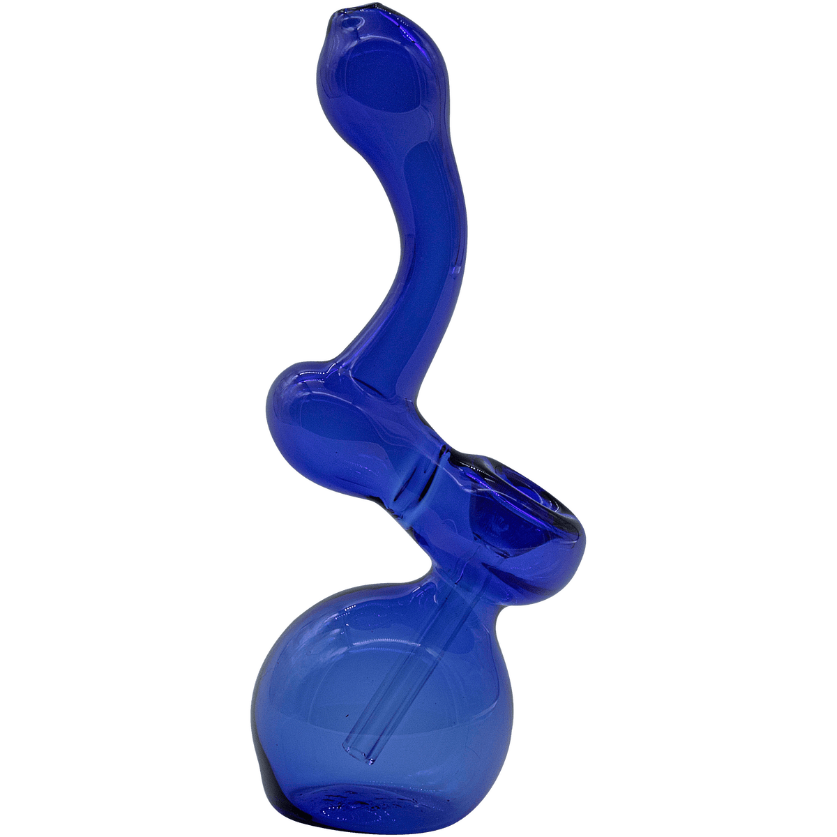 A front view of the "Sherbub" Glass Sherlock Bubbler Pipe, showcasing its blue glass construction and curved design.