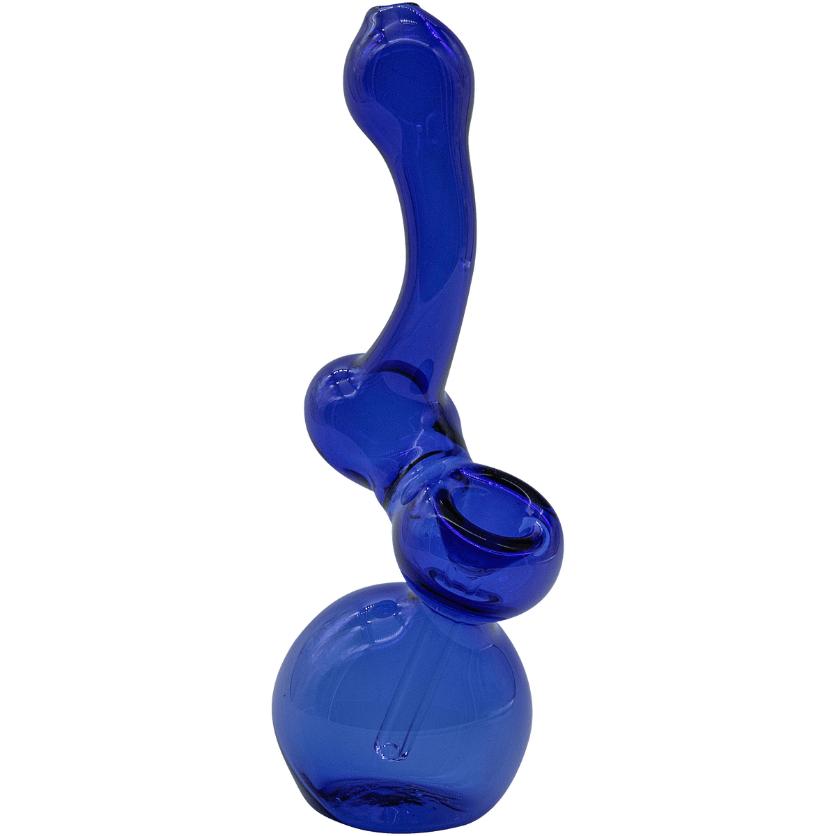 A three-quarter view of the “Sherbub” Glass Sherlock Bubbler Pipe, showcasing its blue glass construction and curved design.
