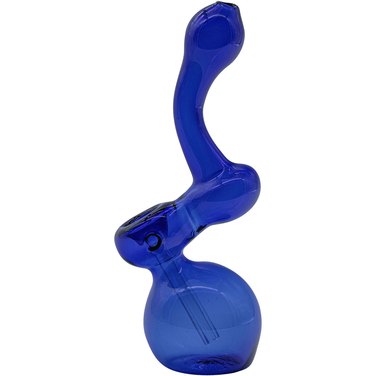 A three-quarter view of the “Sherbub” Glass Sherlock Bubbler Pipe, showcasing its curved neck and blue glass construction.