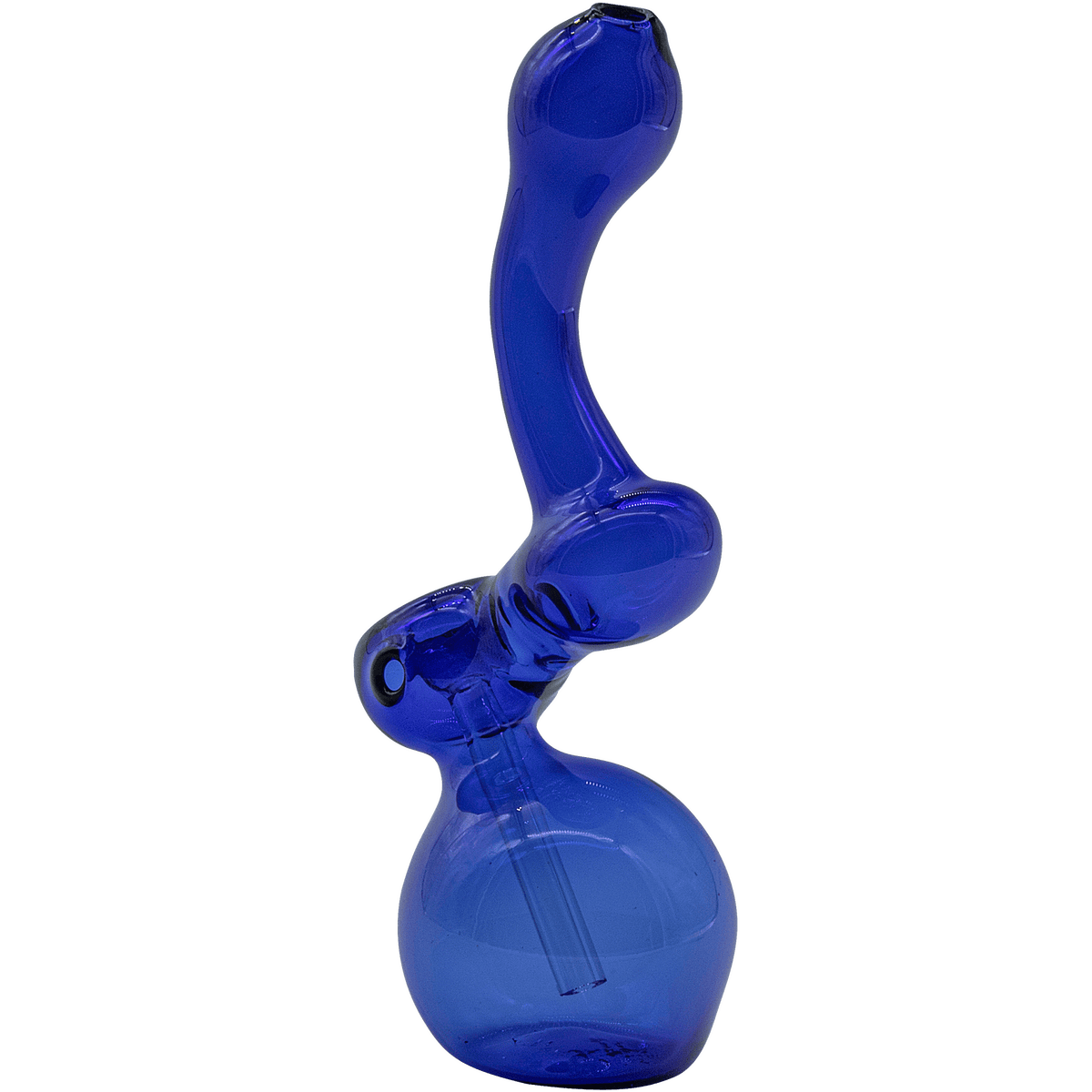 A side view of the "Sherbub" Glass Sherlock Bubbler Pipe, displaying its curved neck and blue-tinted glass construction.