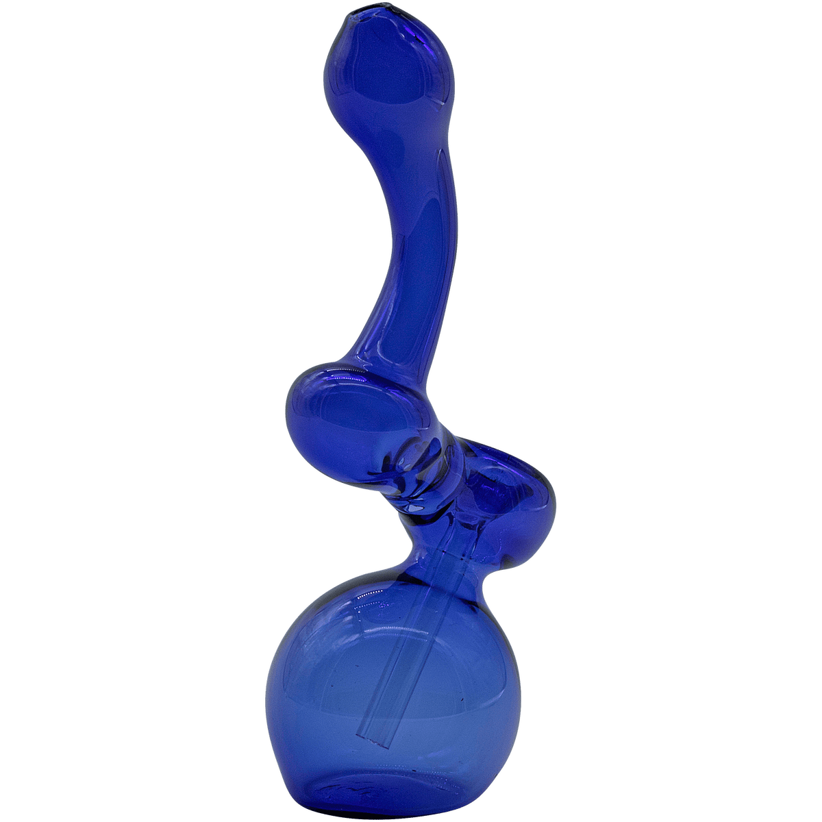 A front view of the “Sherbub” Glass Sherlock Bubbler Pipe, showing its curved blue glass design.