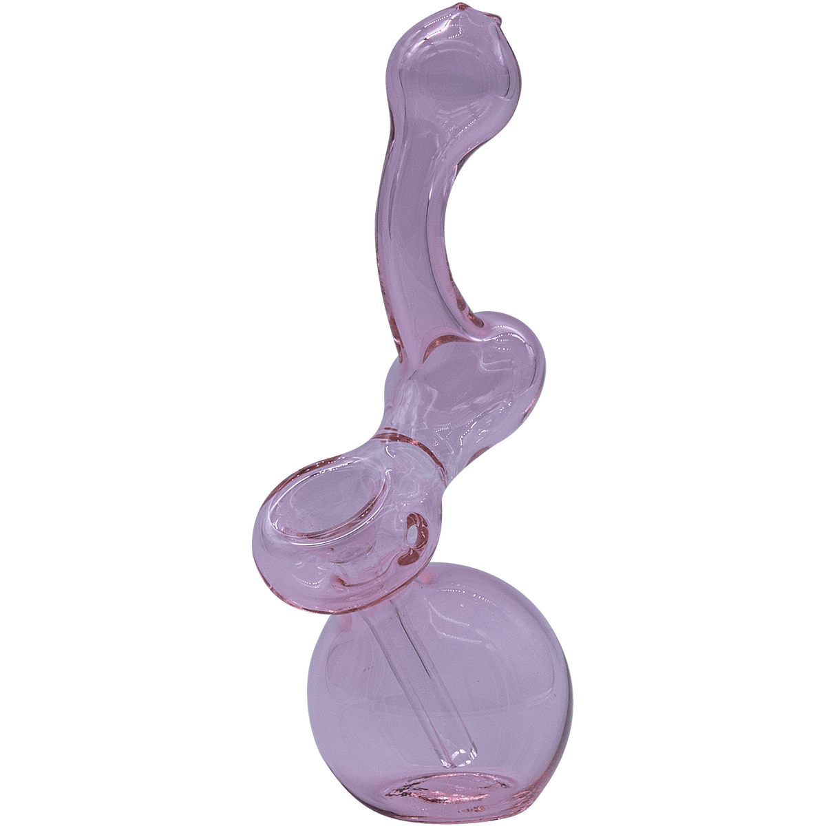 A three-quarter view of the “Sherbub” Glass Sherlock Bubbler Pipe, showing its curved form and pale purple glass.