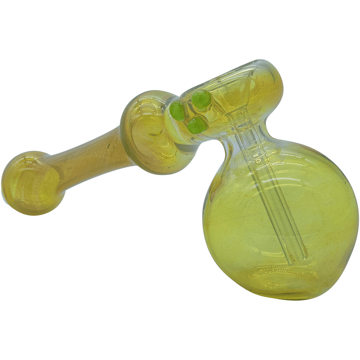 A close-up, angled view of the "Silver Hammer" Fumed Hammer Bubbler Pipe, showcasing its green-tinted glass and rounded form.
