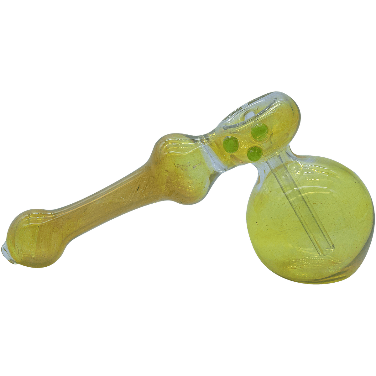 A side view of the “Silver Hammer” Fumed Hammer Bubbler Pipe, showcasing its clear glass construction and unique hammer shape.