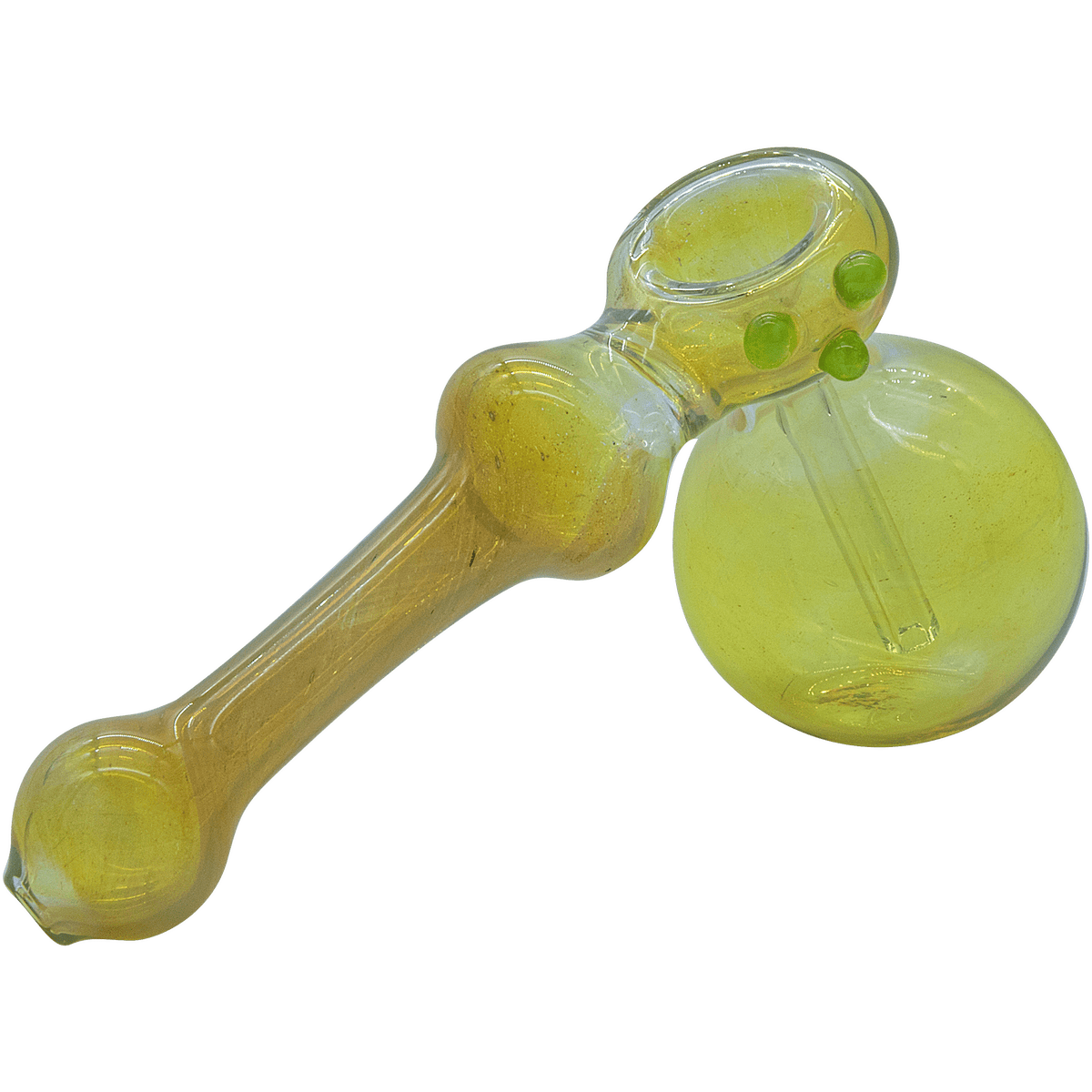 A front view of the “Silver Hammer” Fumed Hammer Bubbler Pipe, showing a green-tinted glass bubbler with a rounded body.