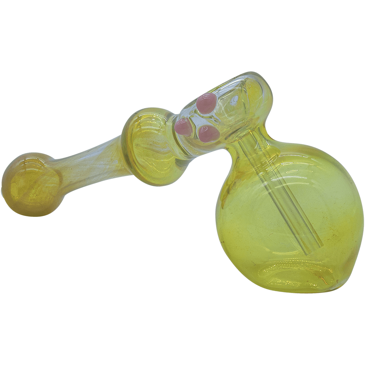 A side view of “The Silver Hammer” Fumed Hammer Bubbler Pipe, showing its clear glass construction and rounded shape.