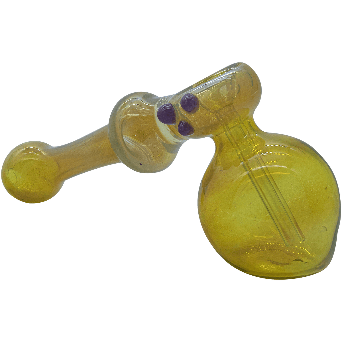 A side view of “The Silver Hammer” Fumed Hammer Bubbler Pipe, showcasing its smooth glass curves and iridescent fume details.