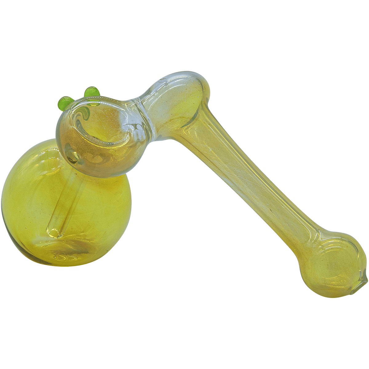 A side view of the “Silver Sidecar” Fumed Hammer Sidecar Pipe, showcasing its curved form and smoky glass finish.