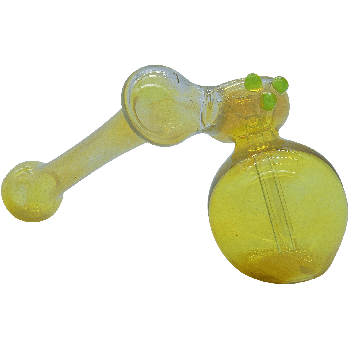 A side view of the “Silver Sidecar” Fumed Hammer Sidecar Pipe, showcasing its curved design and translucent glass.