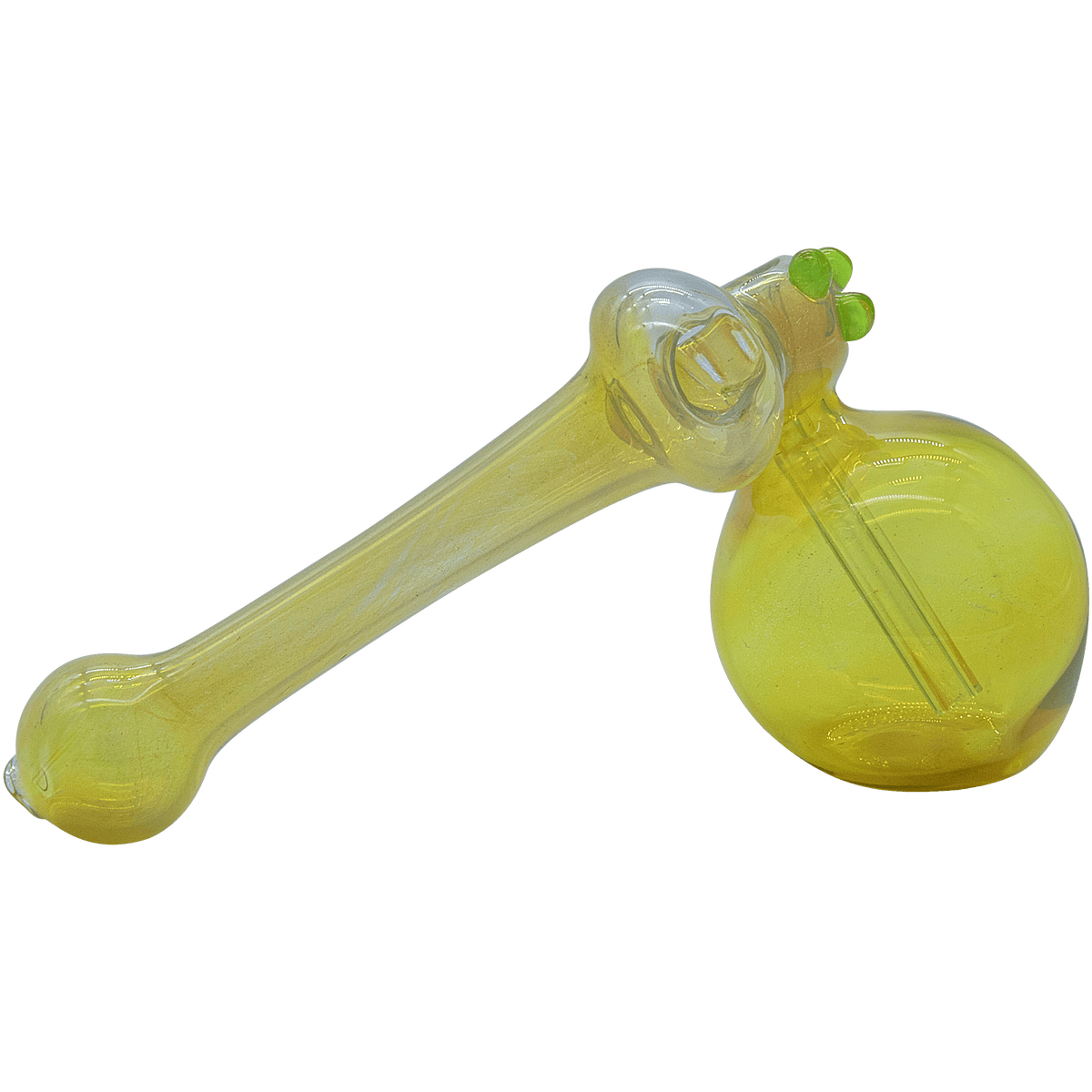 A three-quarter view of the fumed glass “Silver Sidecar” Hammer Sidecar Pipe, showcasing its curved design and clear construction.