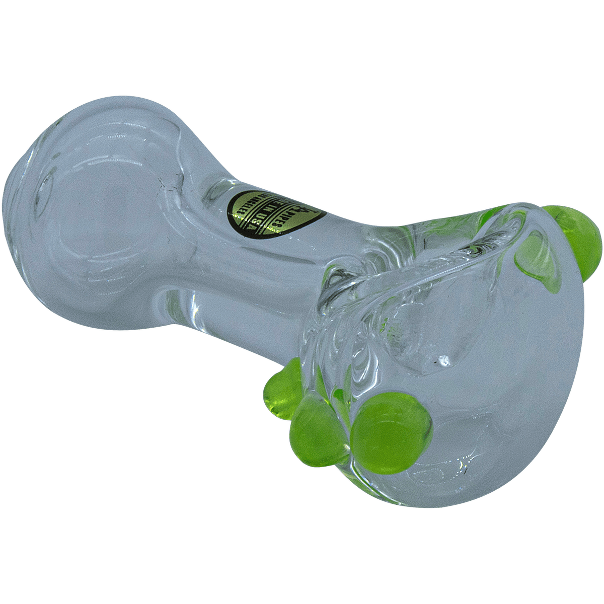 A side view of the Thick Glass Spoon Pipe, showing the curved shape and clear glass construction.