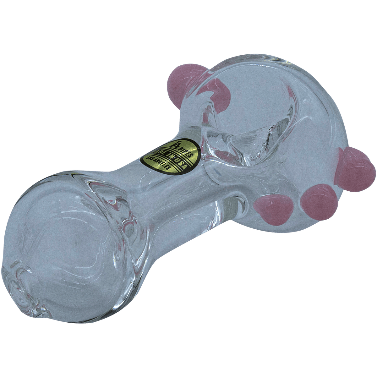 A close-up, angled view of the Thick Glass Spoon Pipe, showcasing its curved design and clear glass construction.