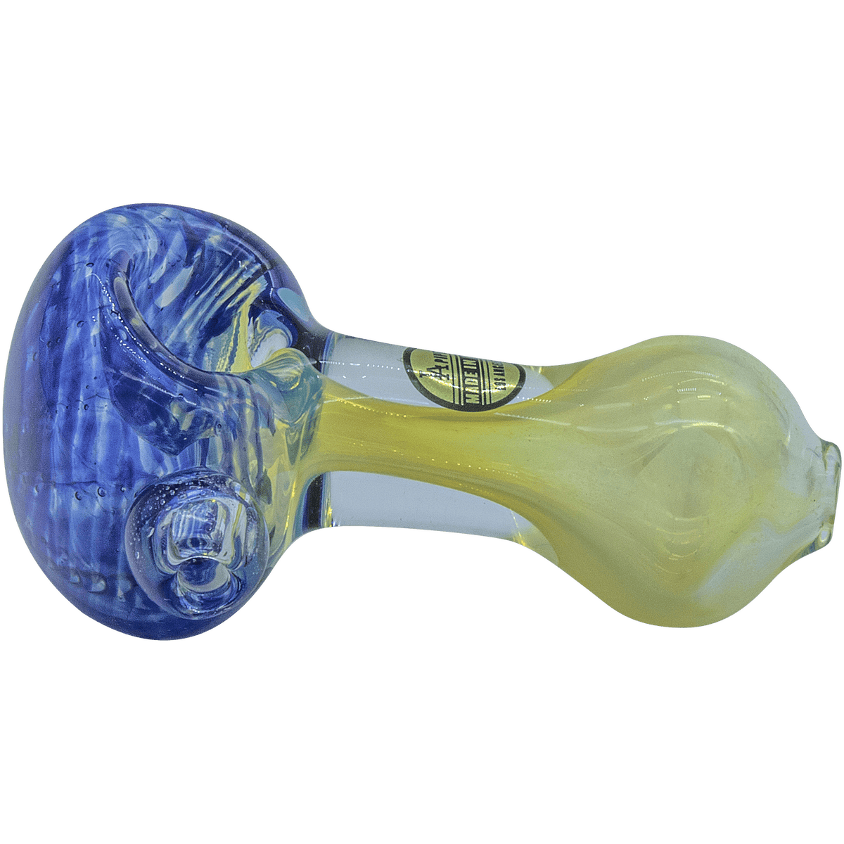A side view of the Thick Neck Spoon Pipe, showing the colorful glass design and curved bowl.