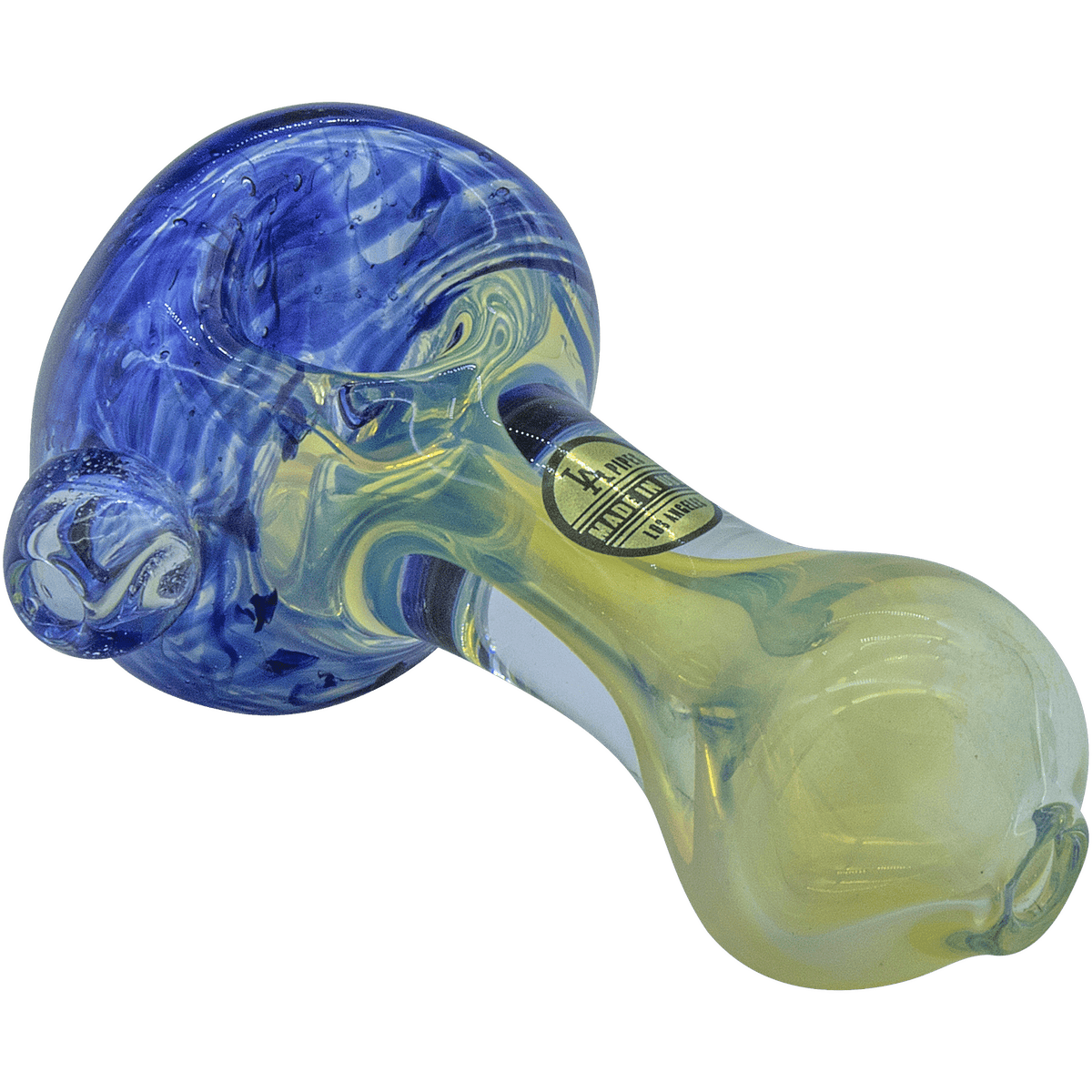 A side view of the Thick Neck Spoon Pipe, showcasing its blue and white marbled glass design.
