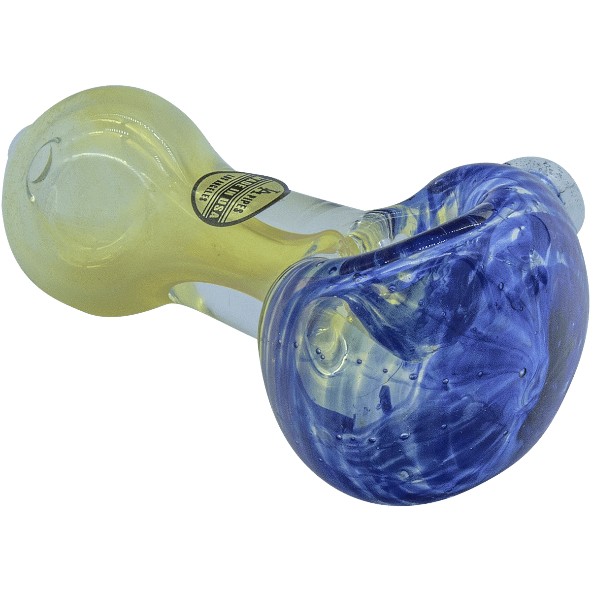 A close-up, angled view of the Thick Neck Spoon Pipe, featuring a textured, blue-green glass finish.