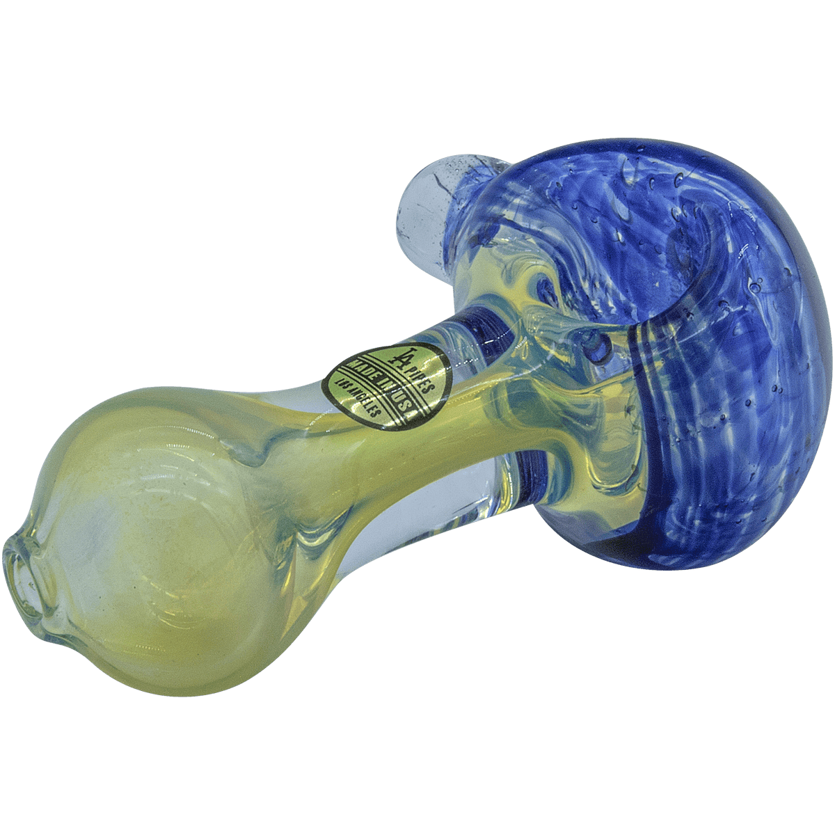 A close-up, angled view of the Thick Neck Spoon Pipe, showcasing its vibrant blue and clear glass swirl pattern.