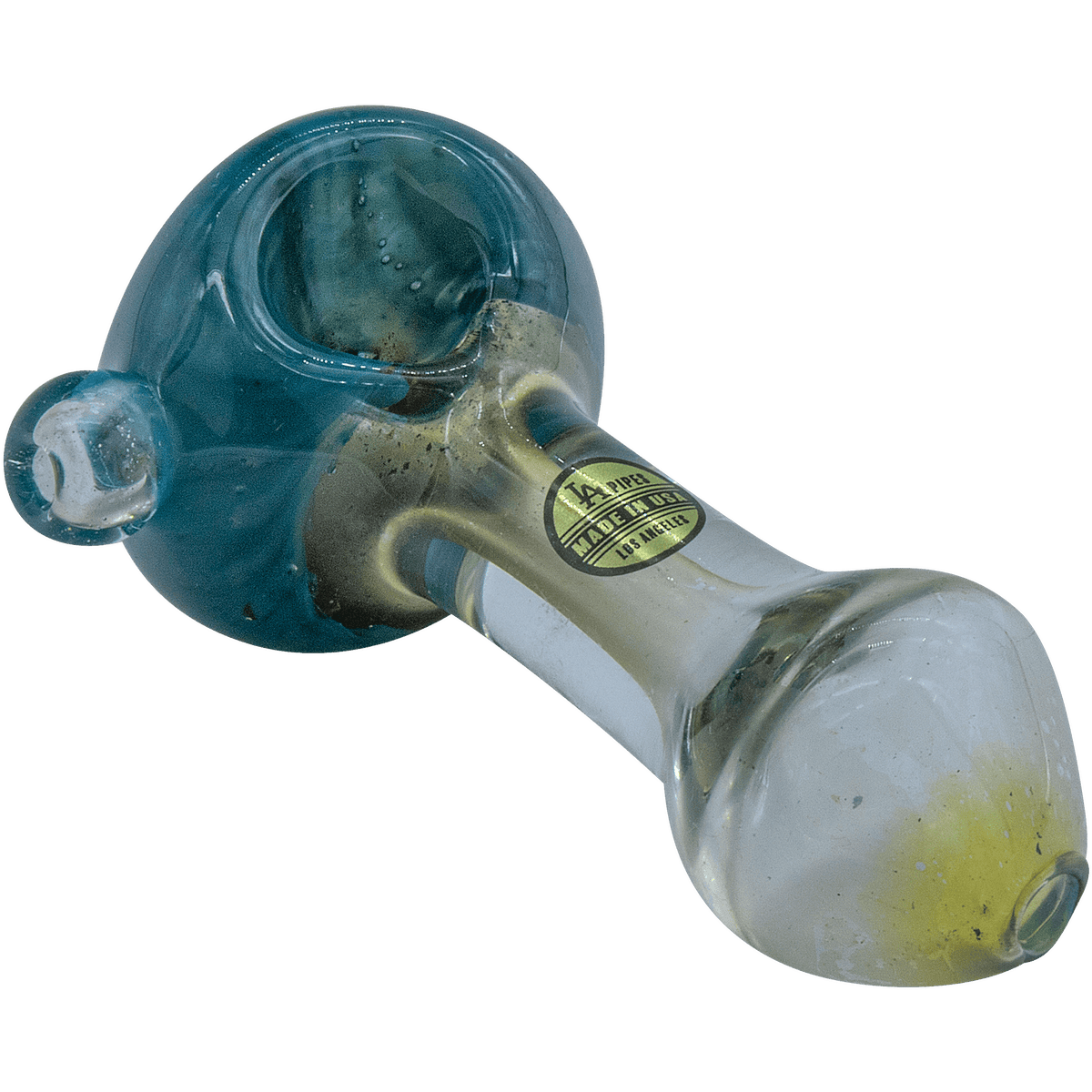 A side view of the Thick Neck Spoon Pipe, showcasing its curved form and smooth, clear glass construction.