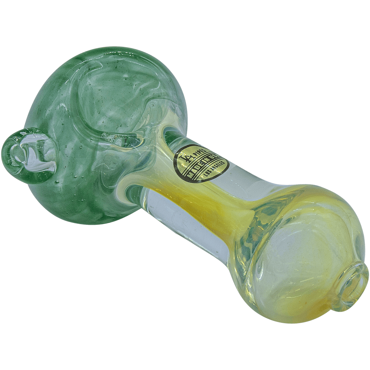 A side view of the Thick Neck Spoon Pipe, showing its curved design and translucent green glass.