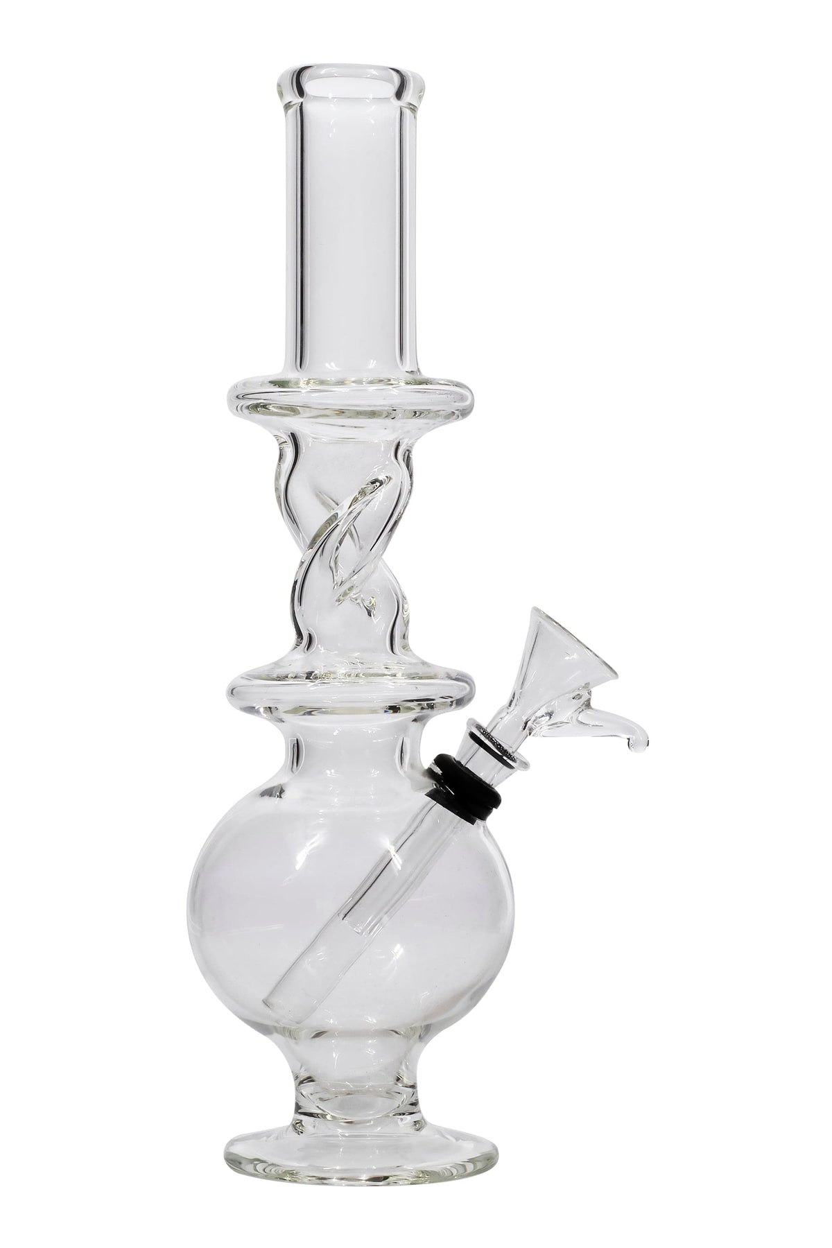 Close-up front view of the clear glass LA Pipes Typhoon Twister Glass Bong showing its twisted neck, spherical chamber, and angled downstem.