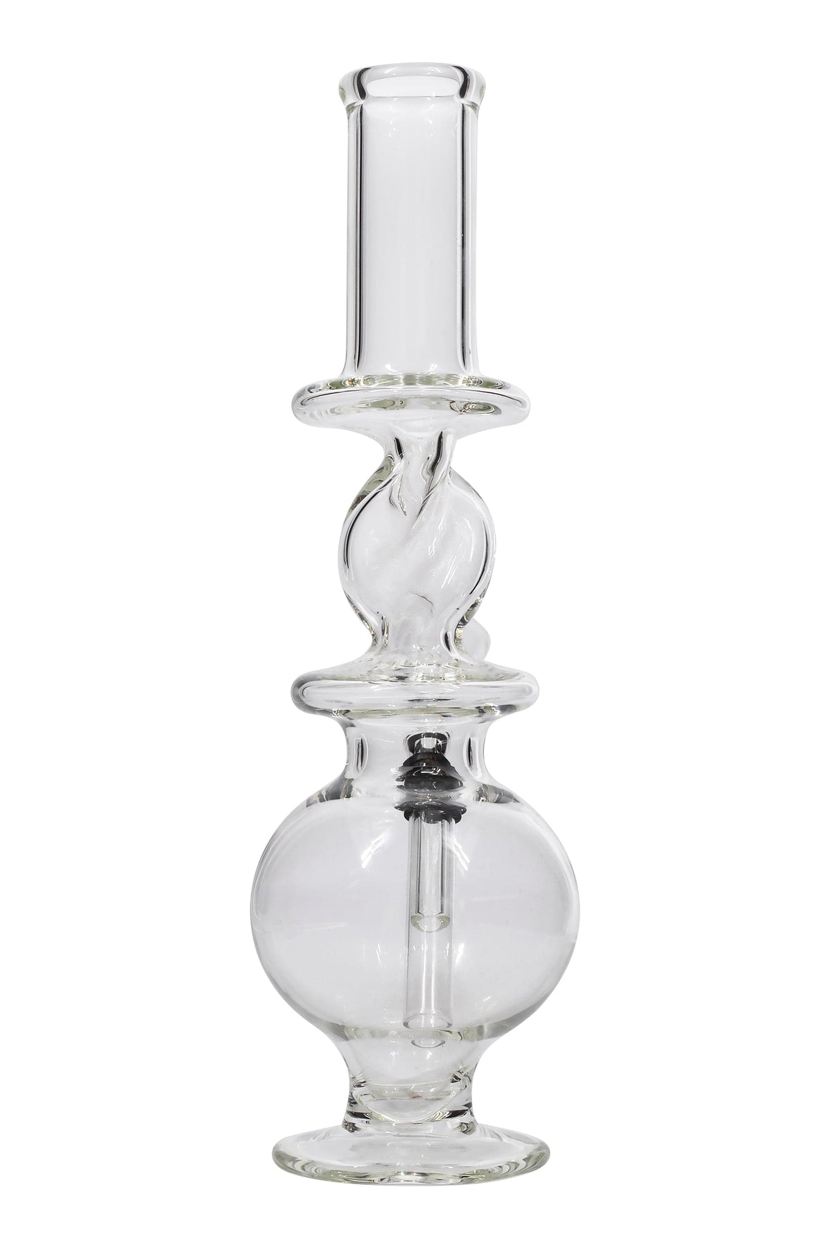 Center-frontal view of the clear LA Pipes Typhoon Twister Glass Bong showing its stacked spherical chambers and narrow straight neck against a white background
