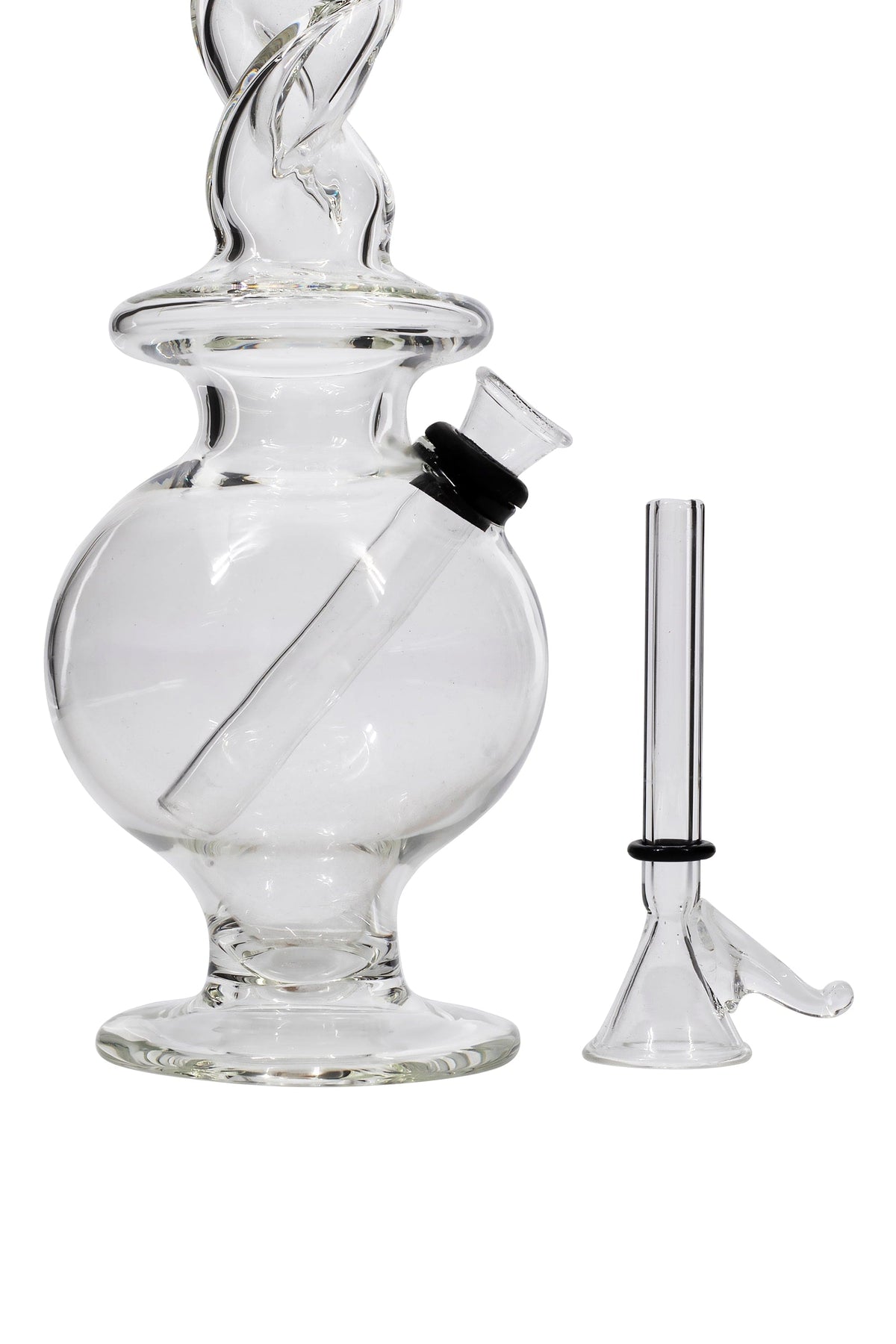 Close-up front view of the clear LA Pipes Typhoon Twister Glass Bong showing its spherical chamber, angled downstem, and separate straight mouthpiece on a white background
