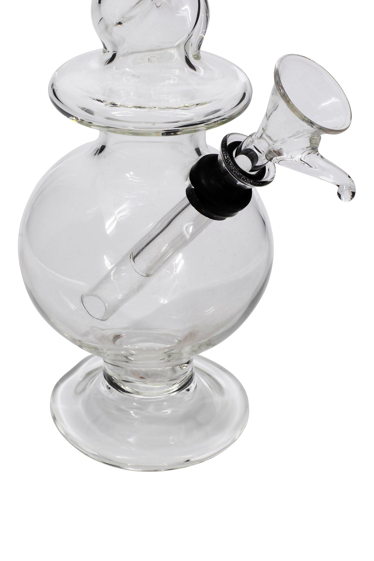 Angled close-up of the clear glass LA Pipes Typhoon Twister Glass Bong showing its spherical chamber, downstem and bowl against a white background