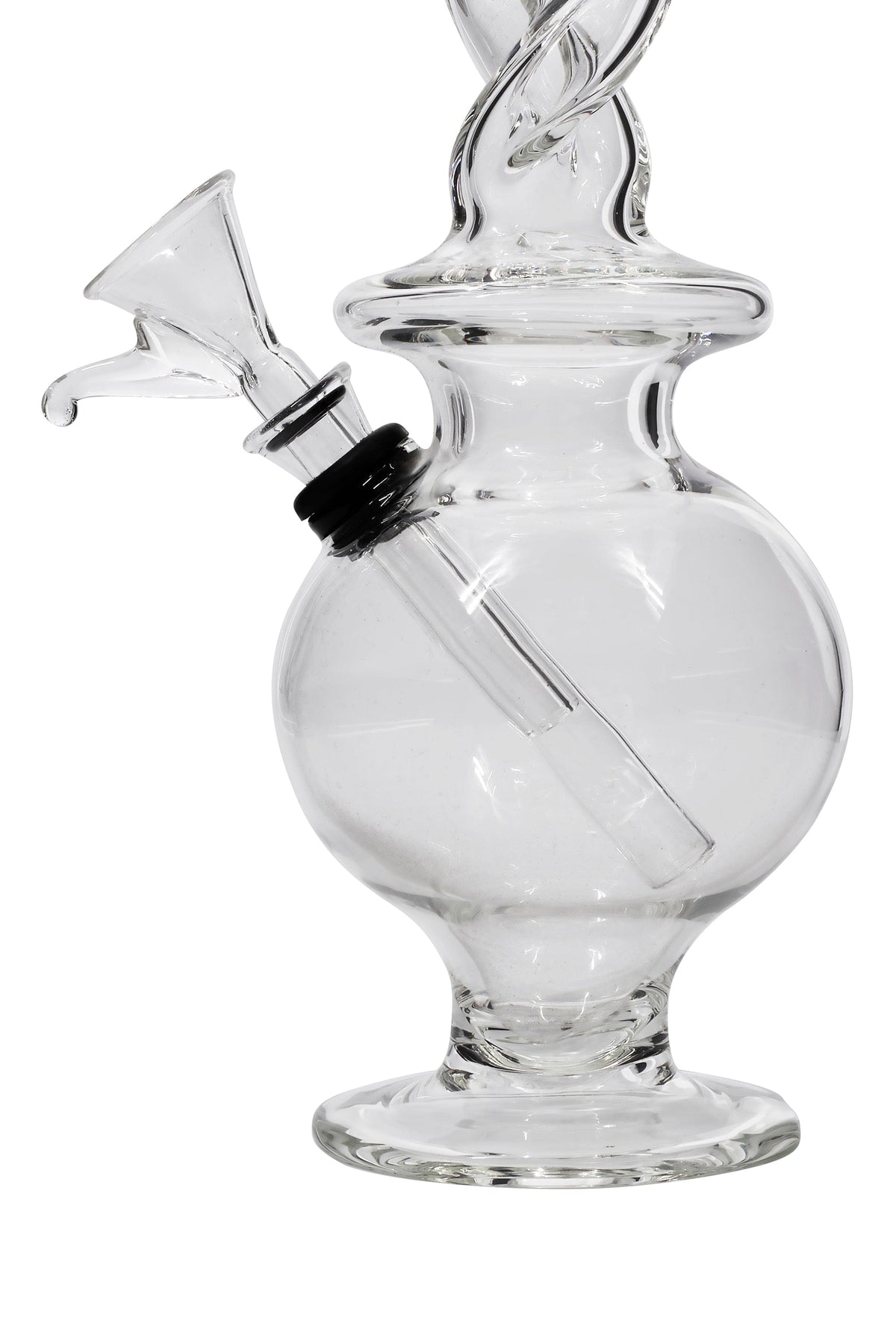 Close-up front view of the clear glass LA Pipes Typhoon Twister Glass Bong showing its rounded chamber, twisted neck, and angled bowl.