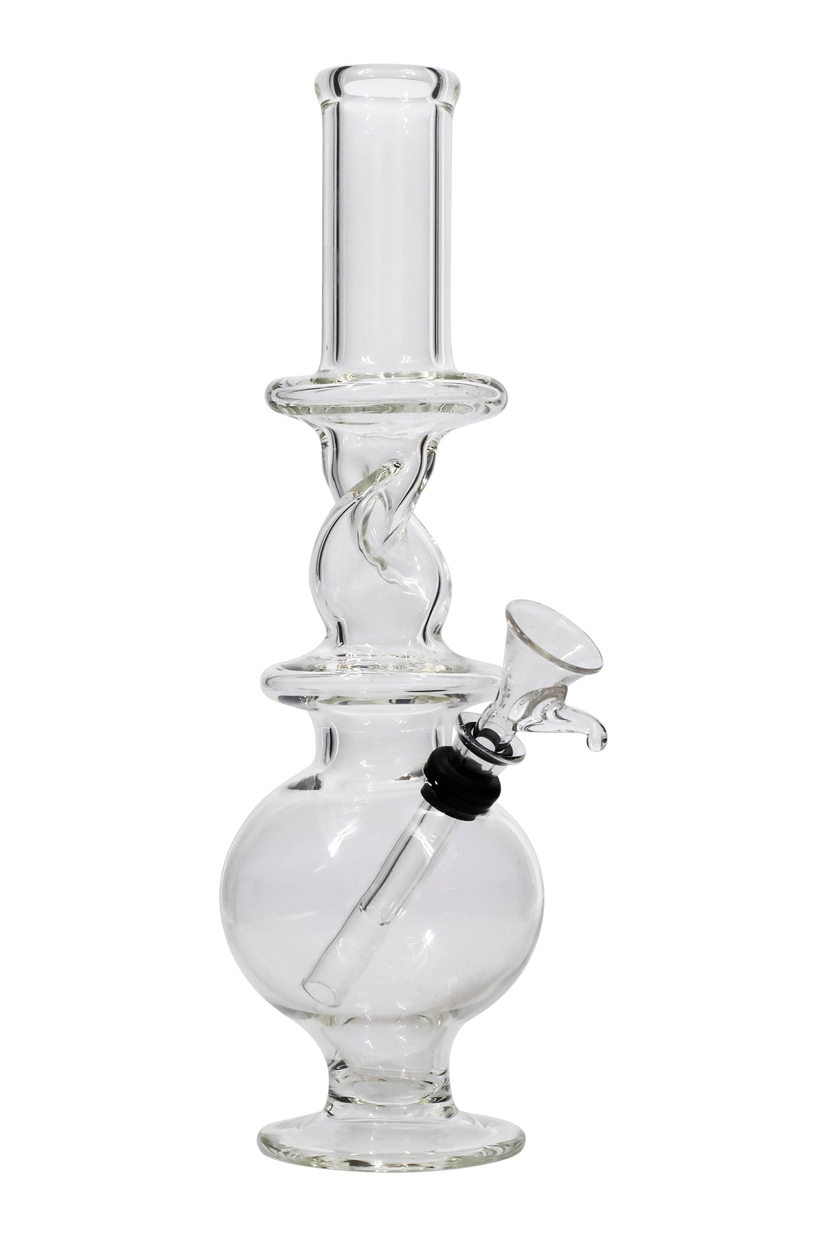 Center-framed clear glass LA Pipes Typhoon Twister Glass Bong shown in bright even lighting with a twisted neck and angled bowl.