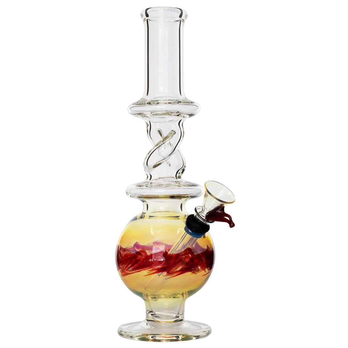 Straight-on view of a clear glass LA Pipes Typhoon Twister Glass Bong with a twisted neck and a round amber-red swirled chamber against a white background