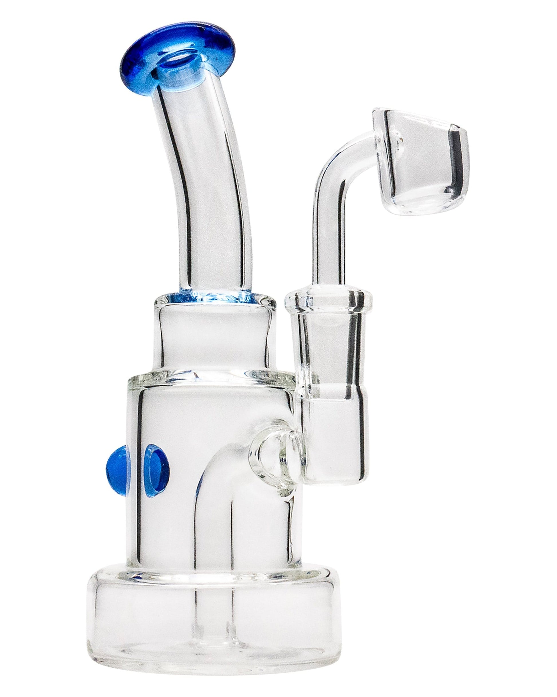 A front view of the Layer Cake Color Accented Dab Rig, featuring a clear glass build with colorful accents and a curved neck.