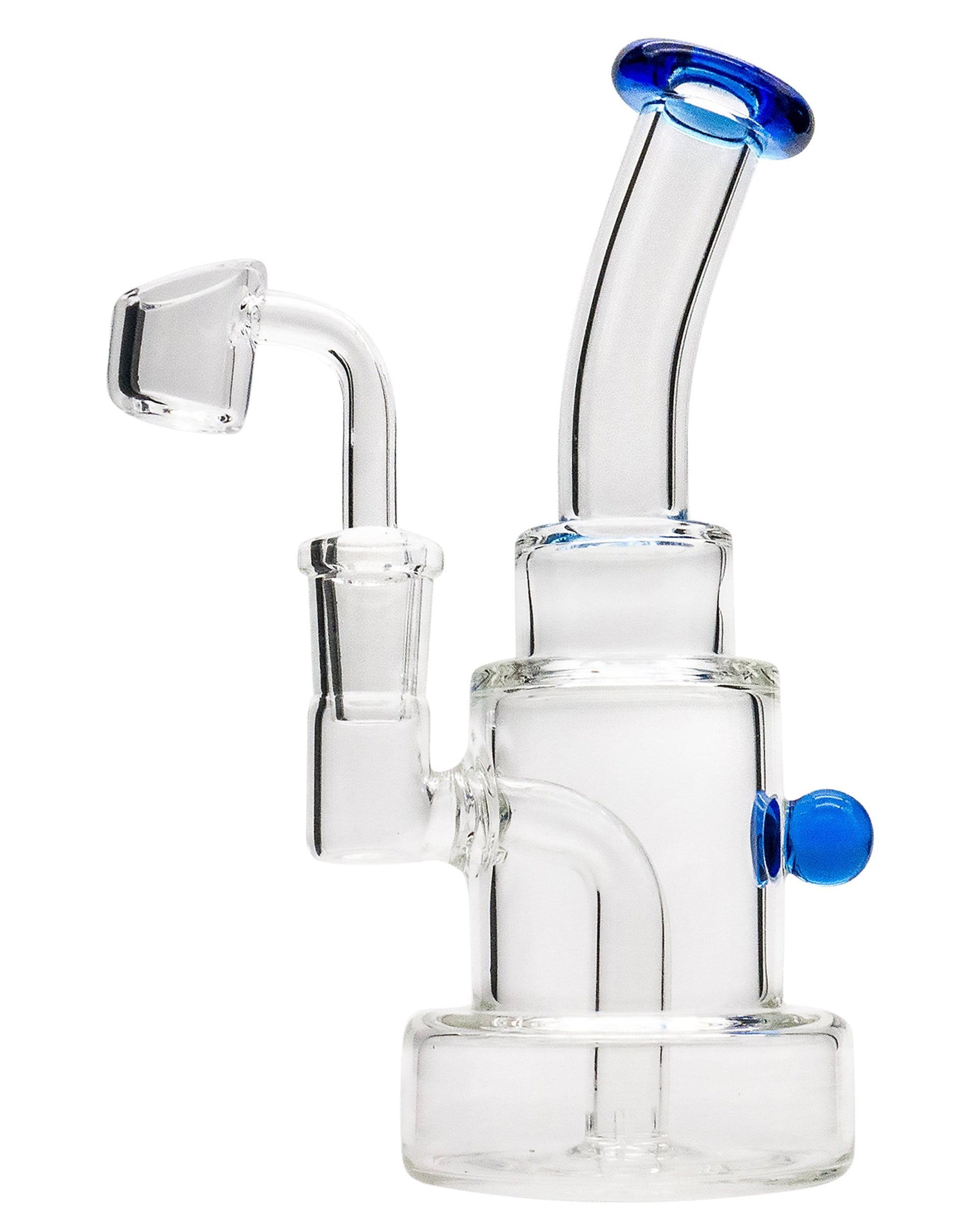 A straight-on view of the Layer Cake Color Accented Dab Rig, featuring clear glass and a colorful accent on its neck.