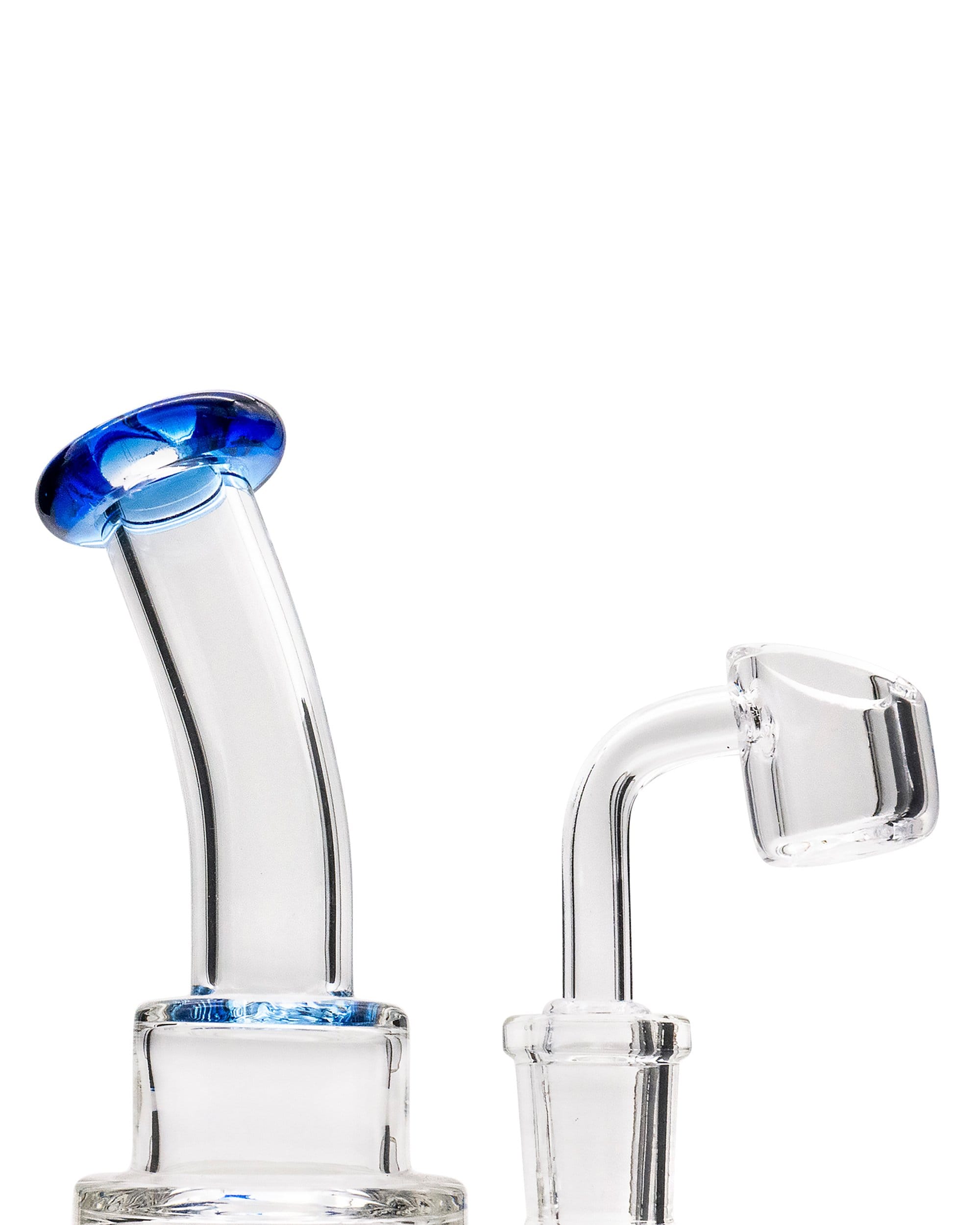 A close-up, angled view of the Layer Cake Color Accented Dab Rig, showing the clear glass and colorful accent at the top.