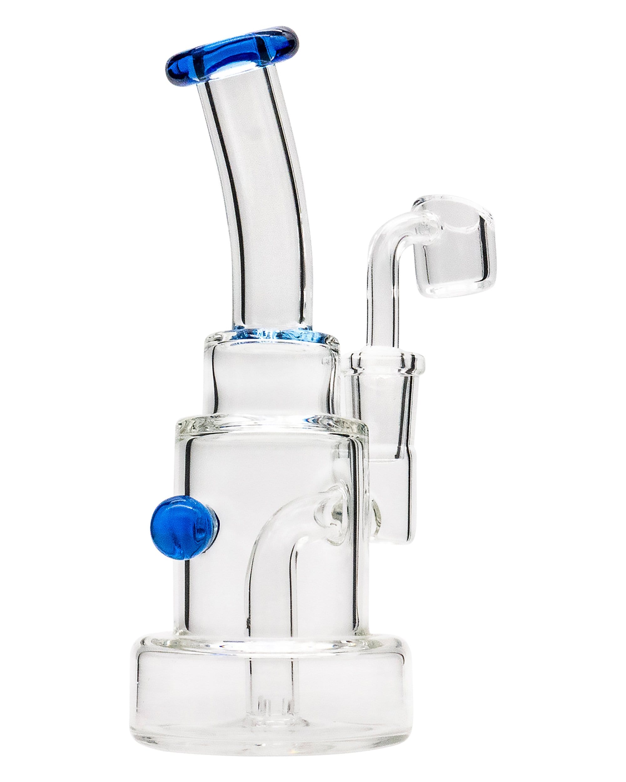 A front view of the Layer Cake Color Accented Dab Rig, showcasing its clear glass construction and colorful accents.