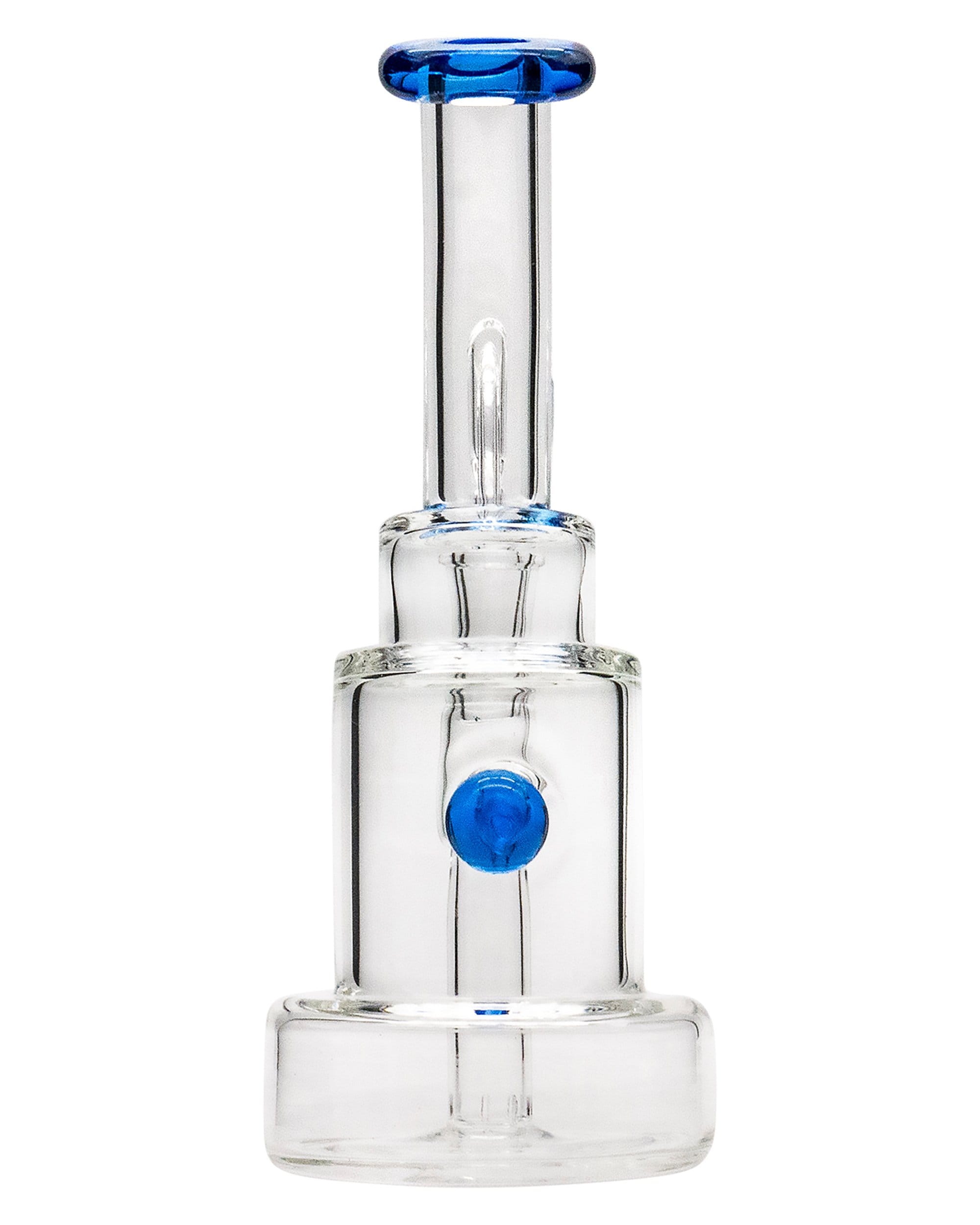 Front view of the Layer Cake Color Accented Dab Rig, showcasing a clear glass rig with a blue accent and a tiered design.