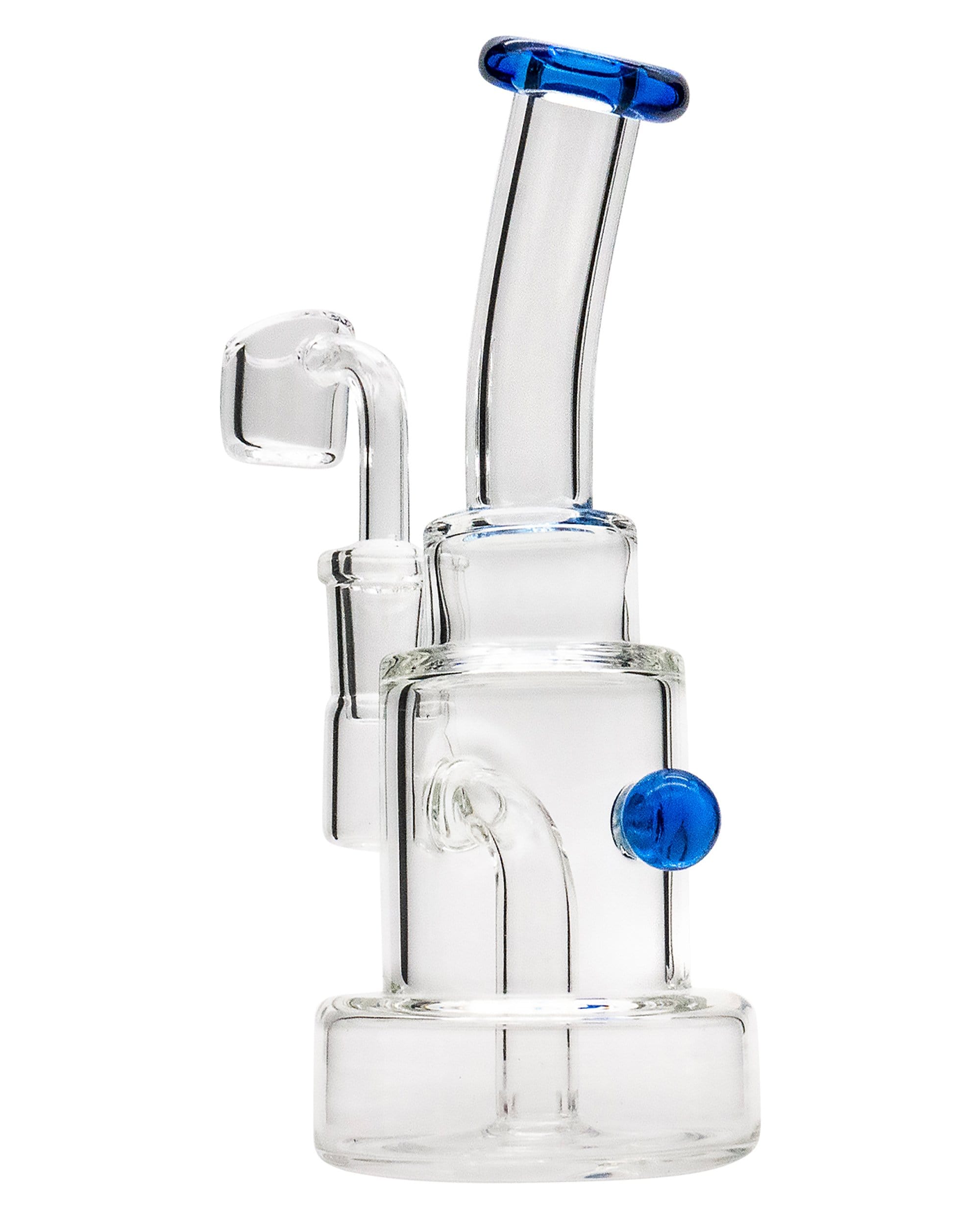 Front view of the Layer Cake Color Accented Dab Rig, showcasing the clear glass and colorful accents in a studio lighting setup.