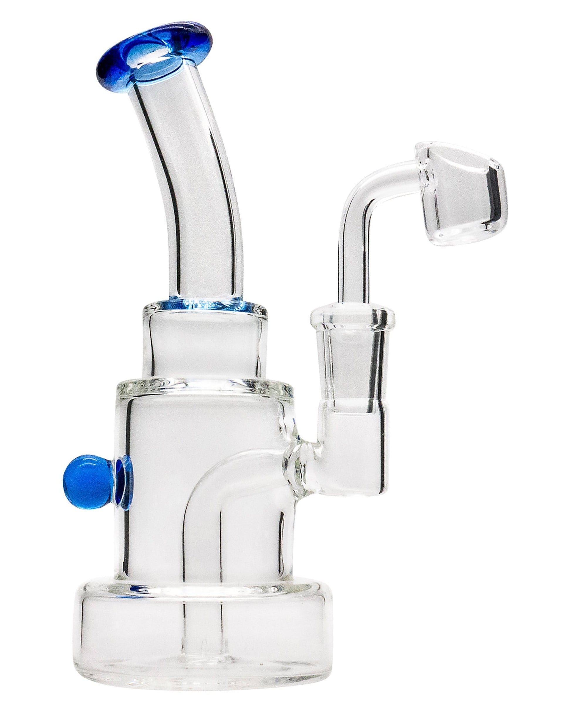 A side view of the Layer Cake Color Accented Dab Rig shows a clear glass rig with a colorful accent and a compact, layered design.