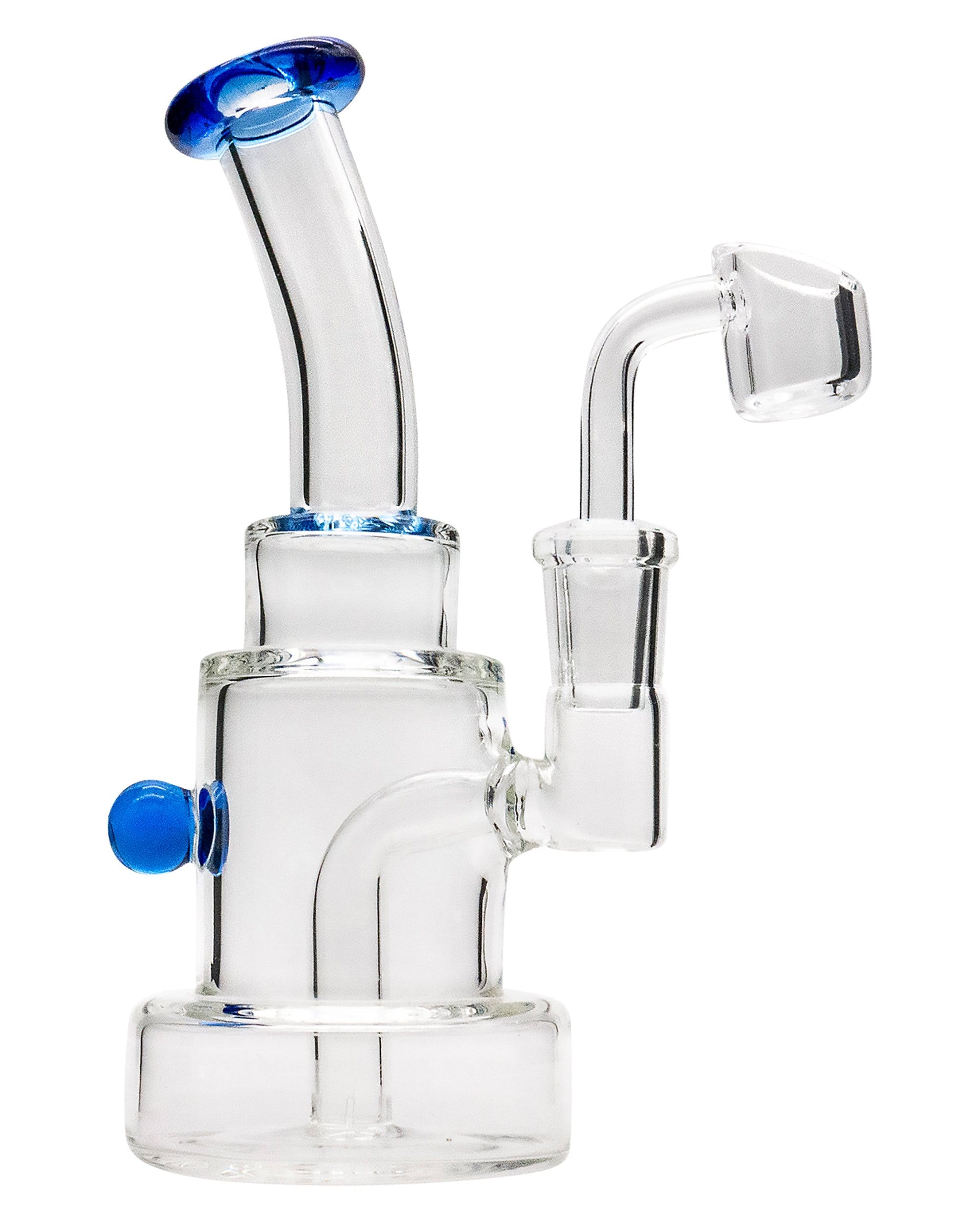 A side view of the Layer Cake Color Accented Dab Rig shows a clear glass rig with a colorful accent and a compact, layered design.