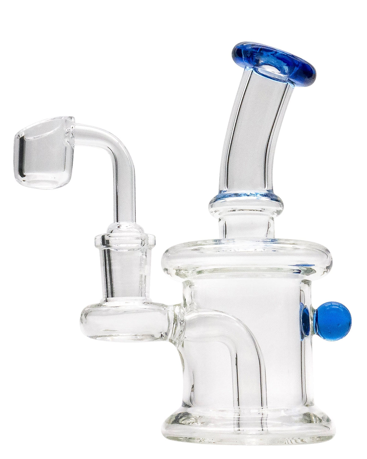 Front view of the Mini Barrel Dab Rig, a clear glass rig with a blue accent, angled slightly to showcase its compact barrel shape.