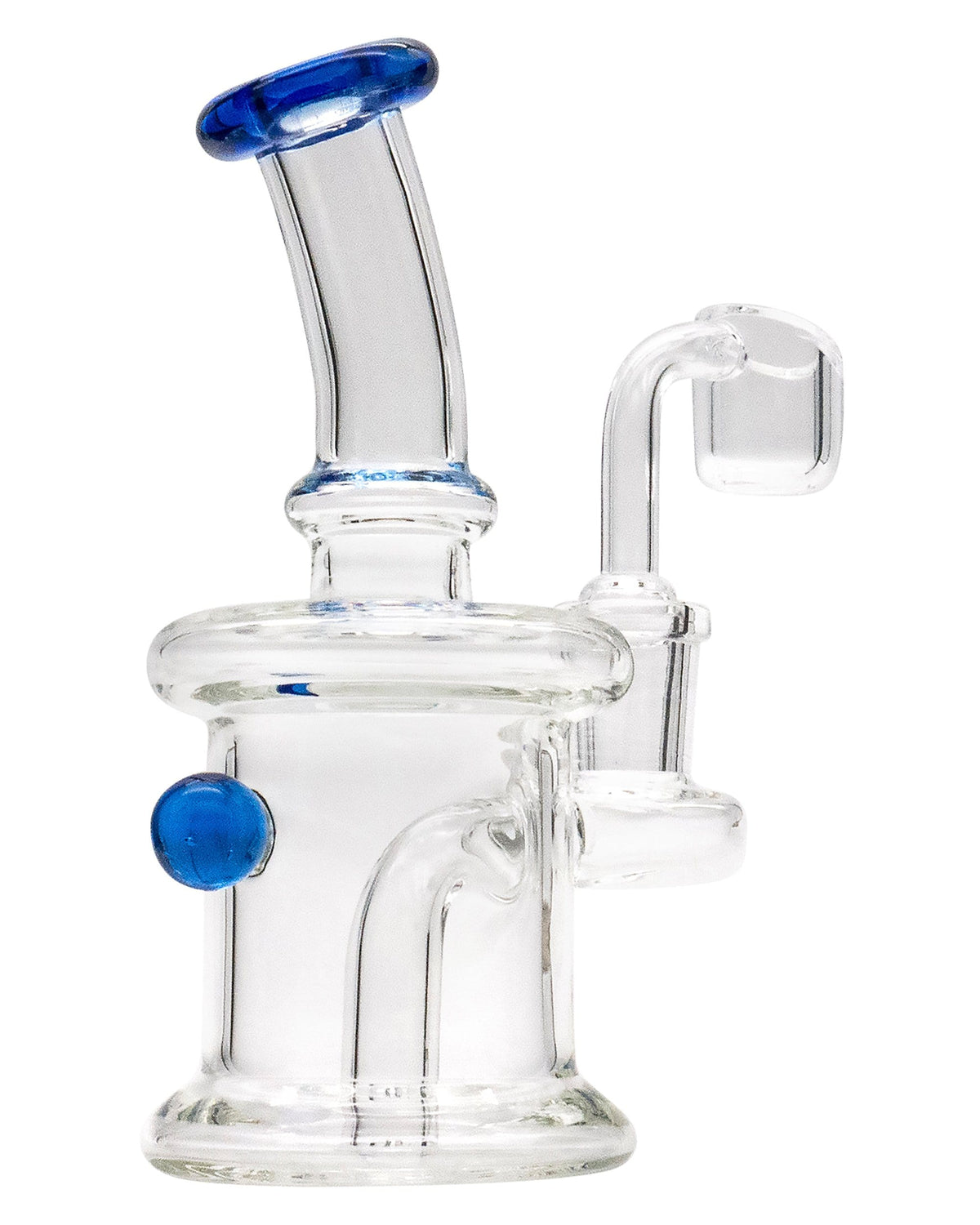 Front view of the Mini Barrel Dab Rig, a clear glass rig with a rounded base and a blue accent on the neck.