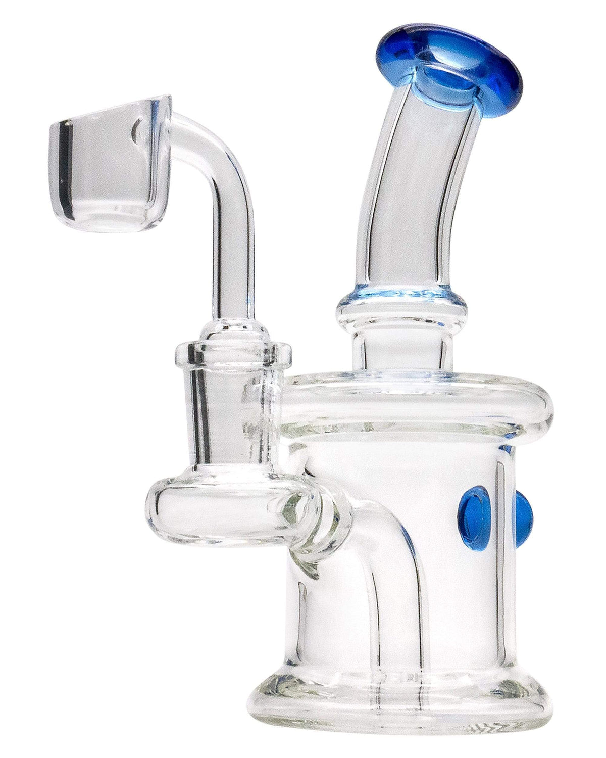 Front view of the Mini Barrel Dab Rig, a small clear glass rig with a blue accent on the joint.