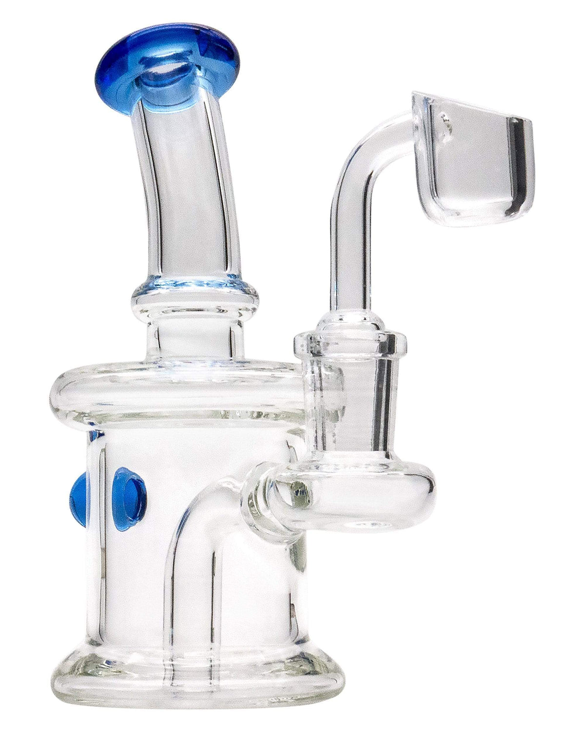 Front view of the Mini Barrel Dab Rig, a small, clear glass rig with a blue accent on its mouthpiece.